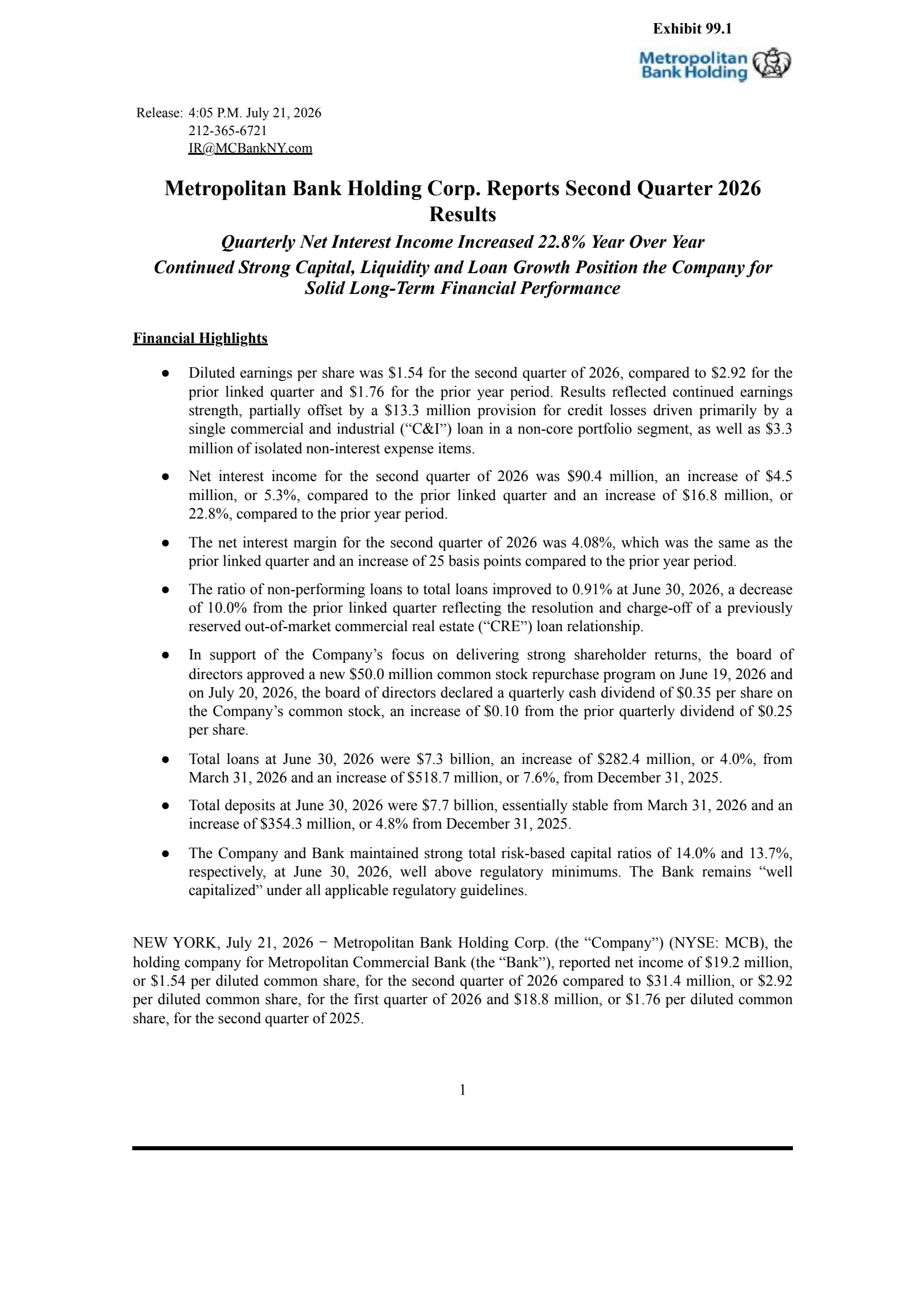 Metropolitan Bank's Q2 2026 Press Release