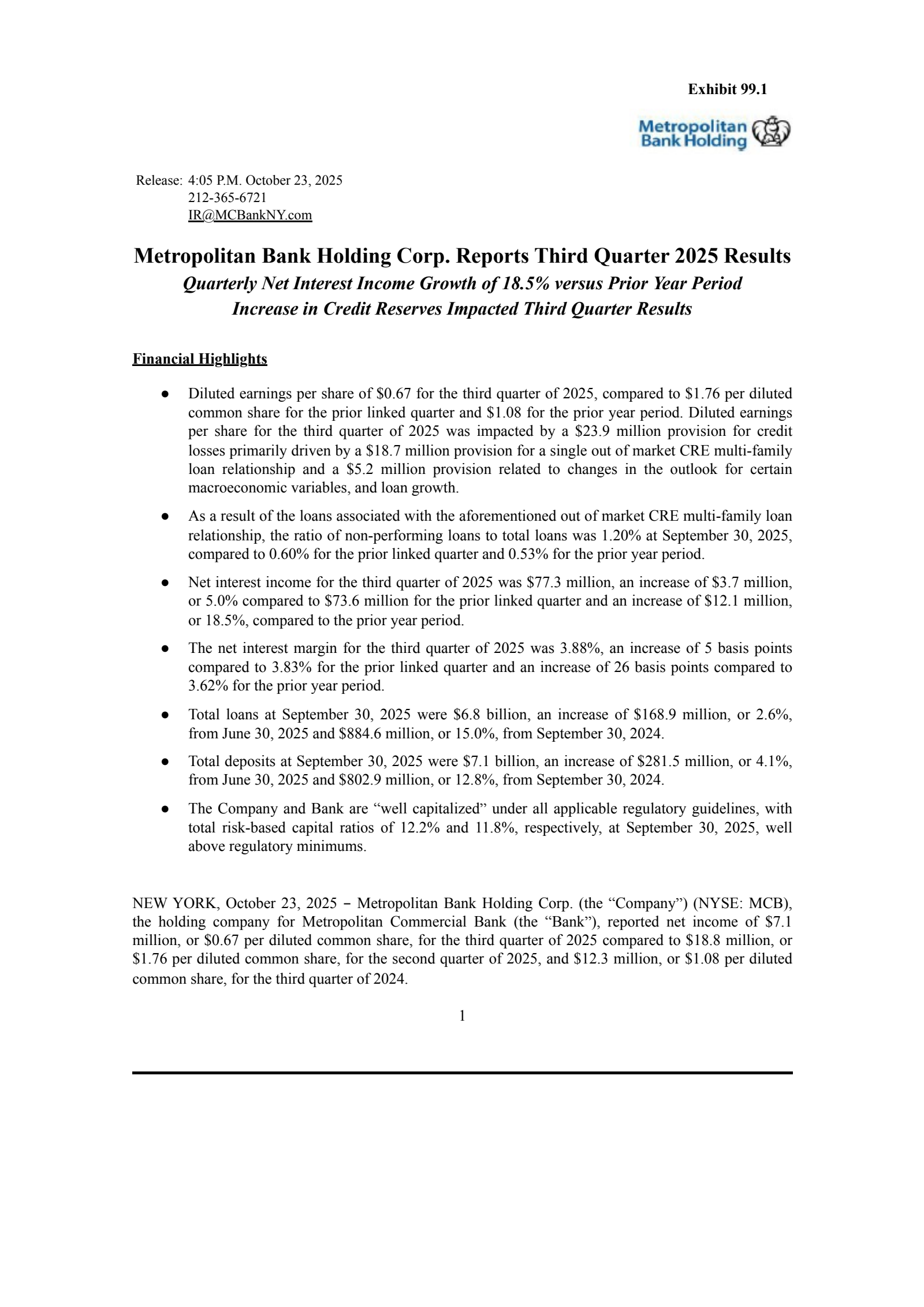 Metropolitan Bank's Q3 2025 Earnings Release