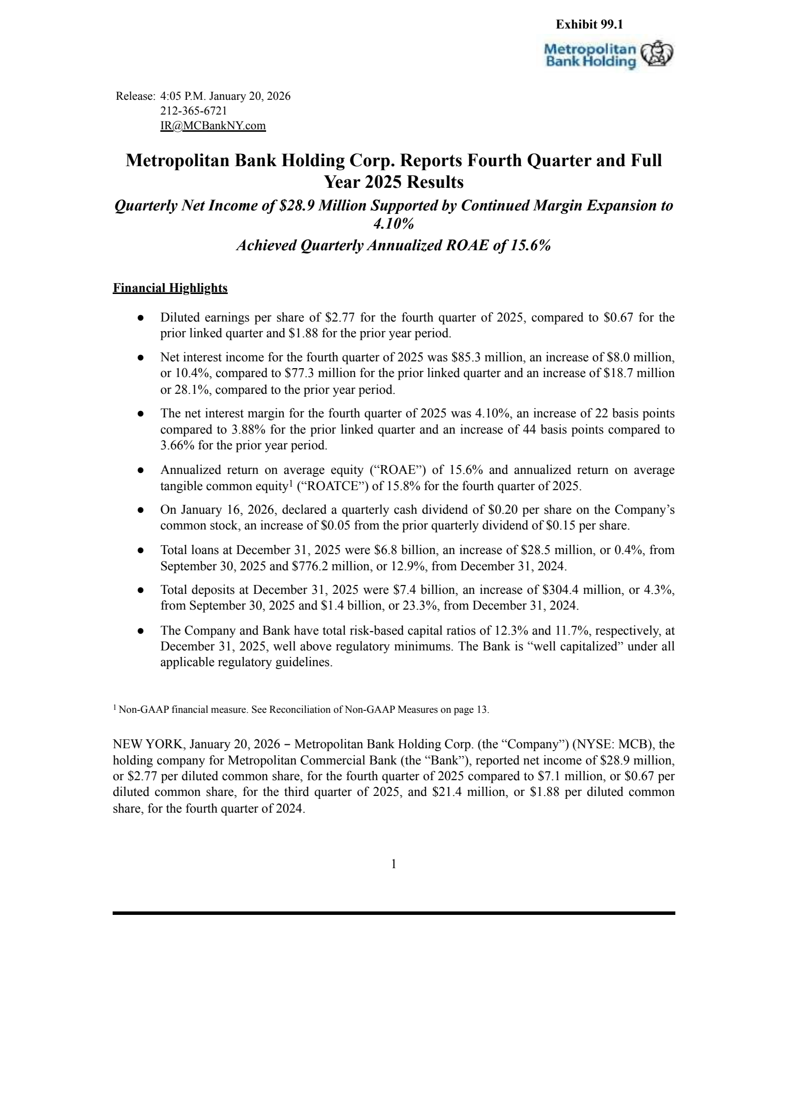 Metropolitan Bank's Q4 2025 Press Release