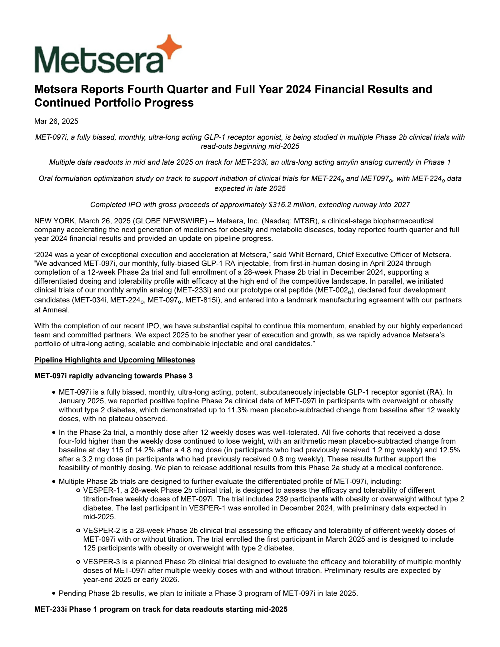Metsera's Q4 2024 Press Release