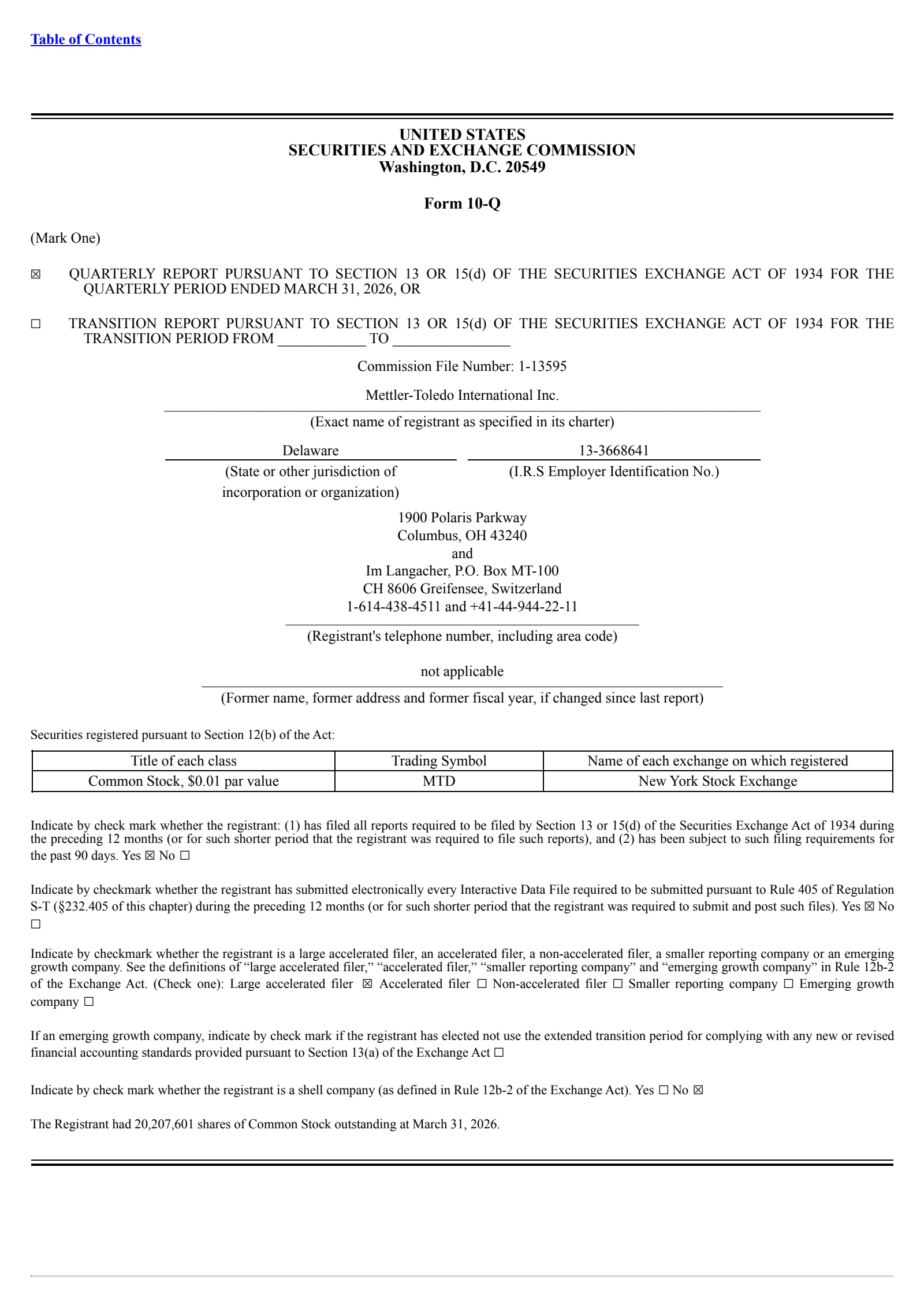 Mettler-Toledo International's Q1 2026 Quarterly report