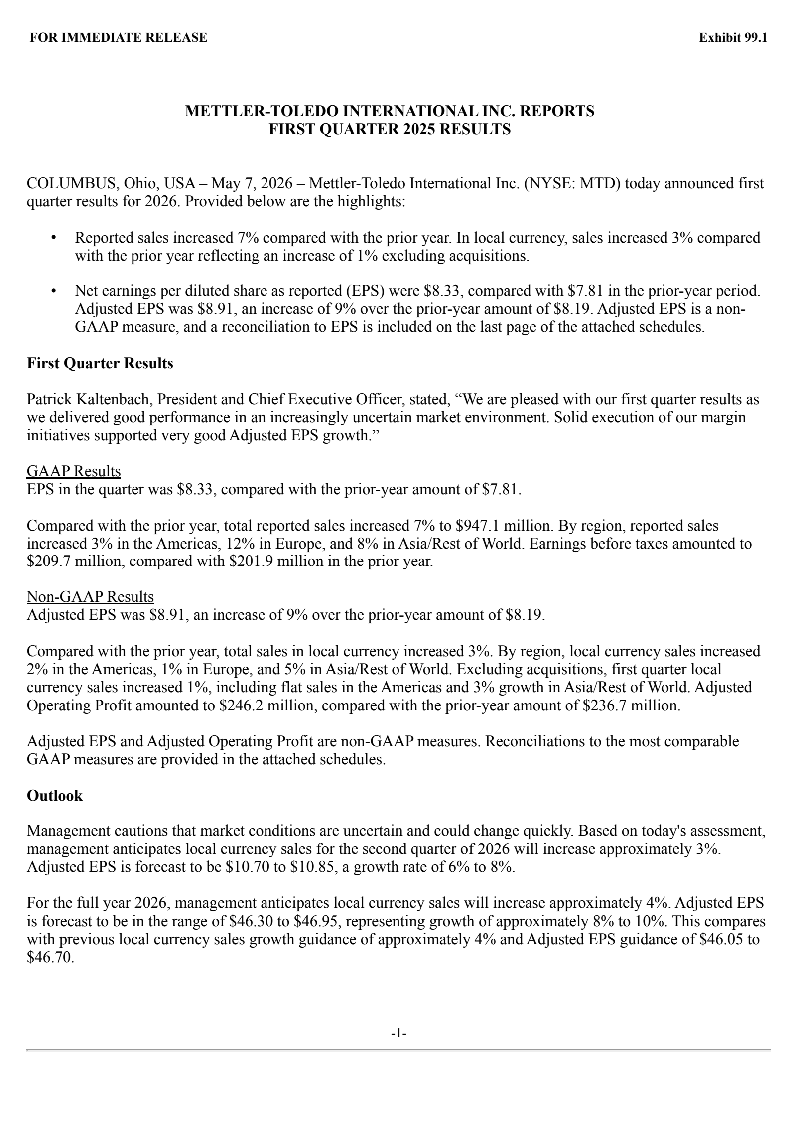 Mettler-Toledo International's Q1 2026 Press Release