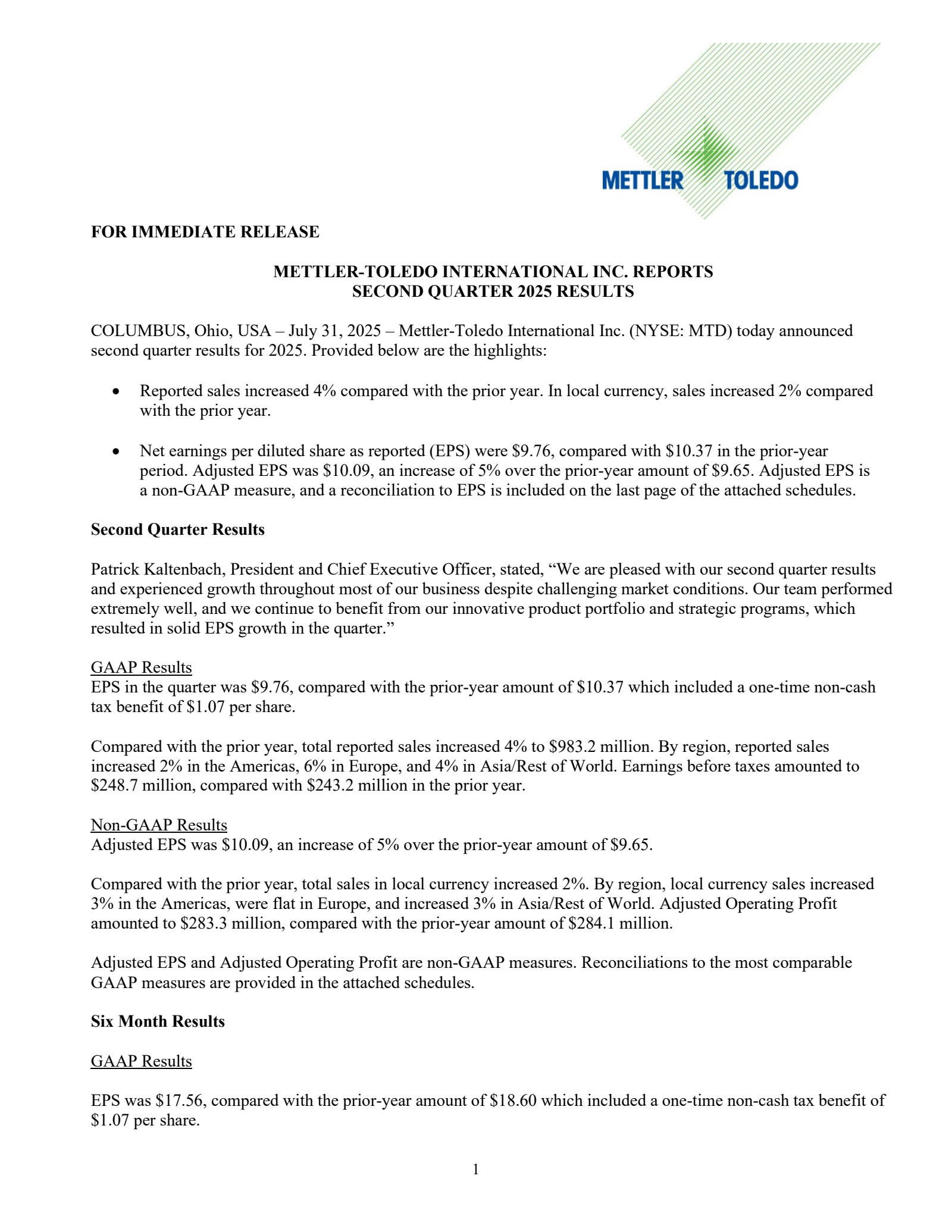 Mettler-Toledo International's Q2 2025 Press Release