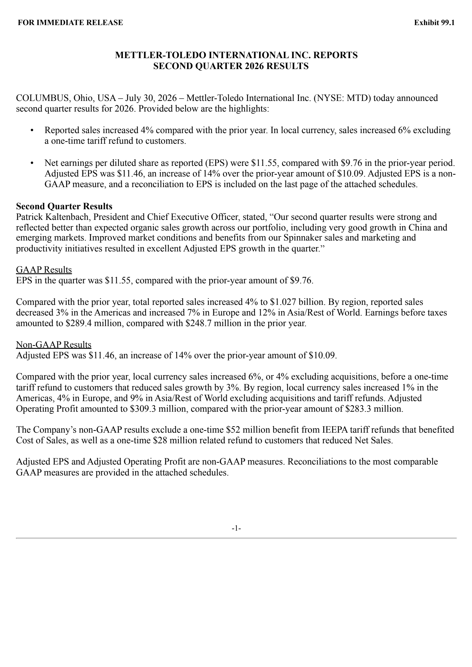 Mettler-Toledo International's Q2 2026 Press Release
