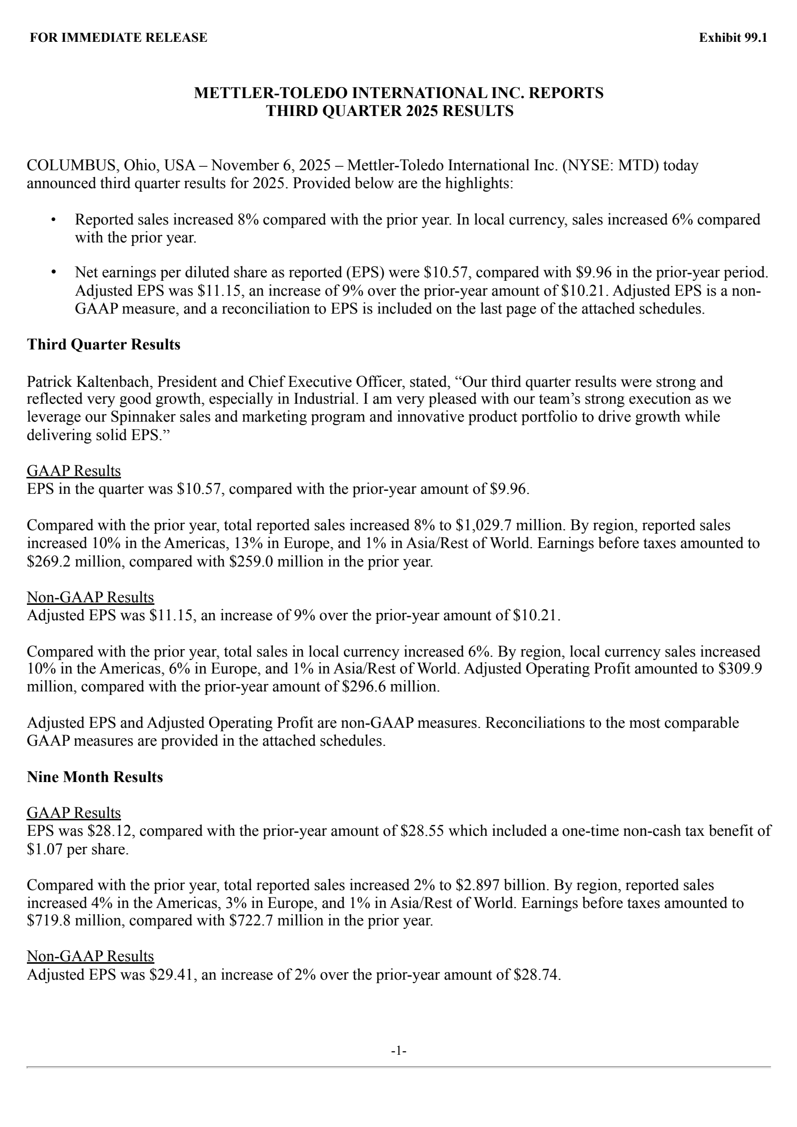 Mettler-Toledo International's Q3 2025 Earnings Release