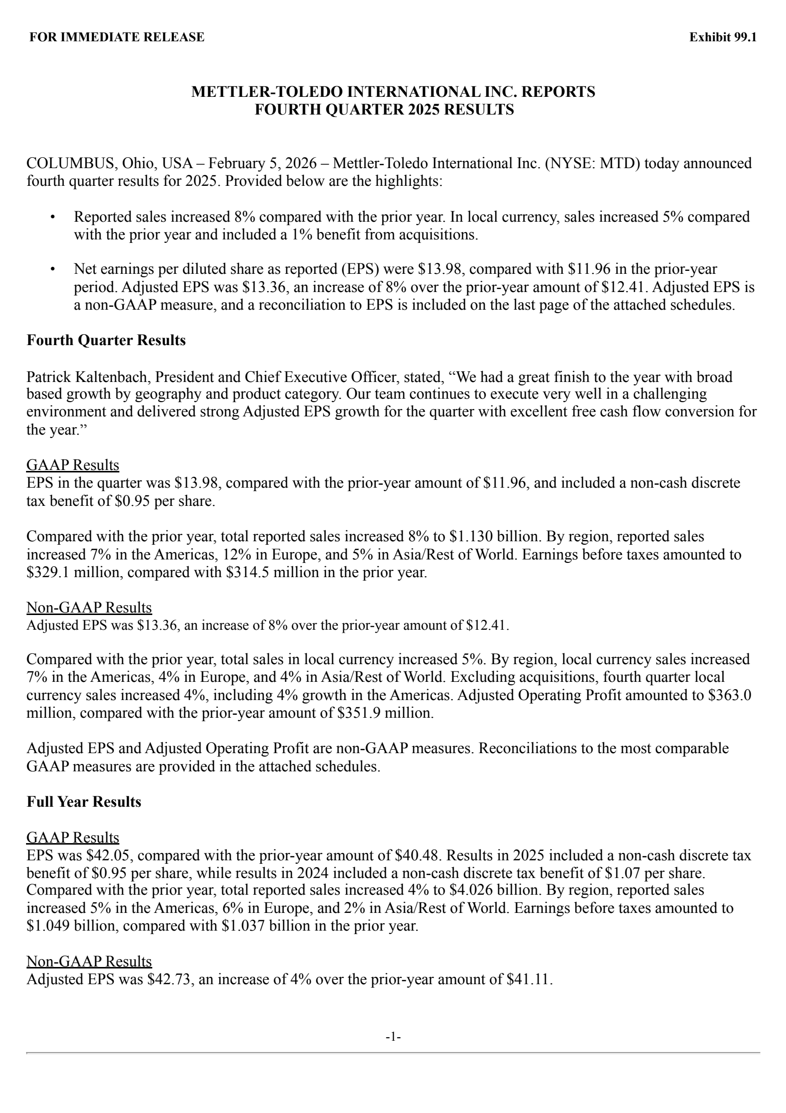 Mettler-Toledo International's Q4 2025 Press Release