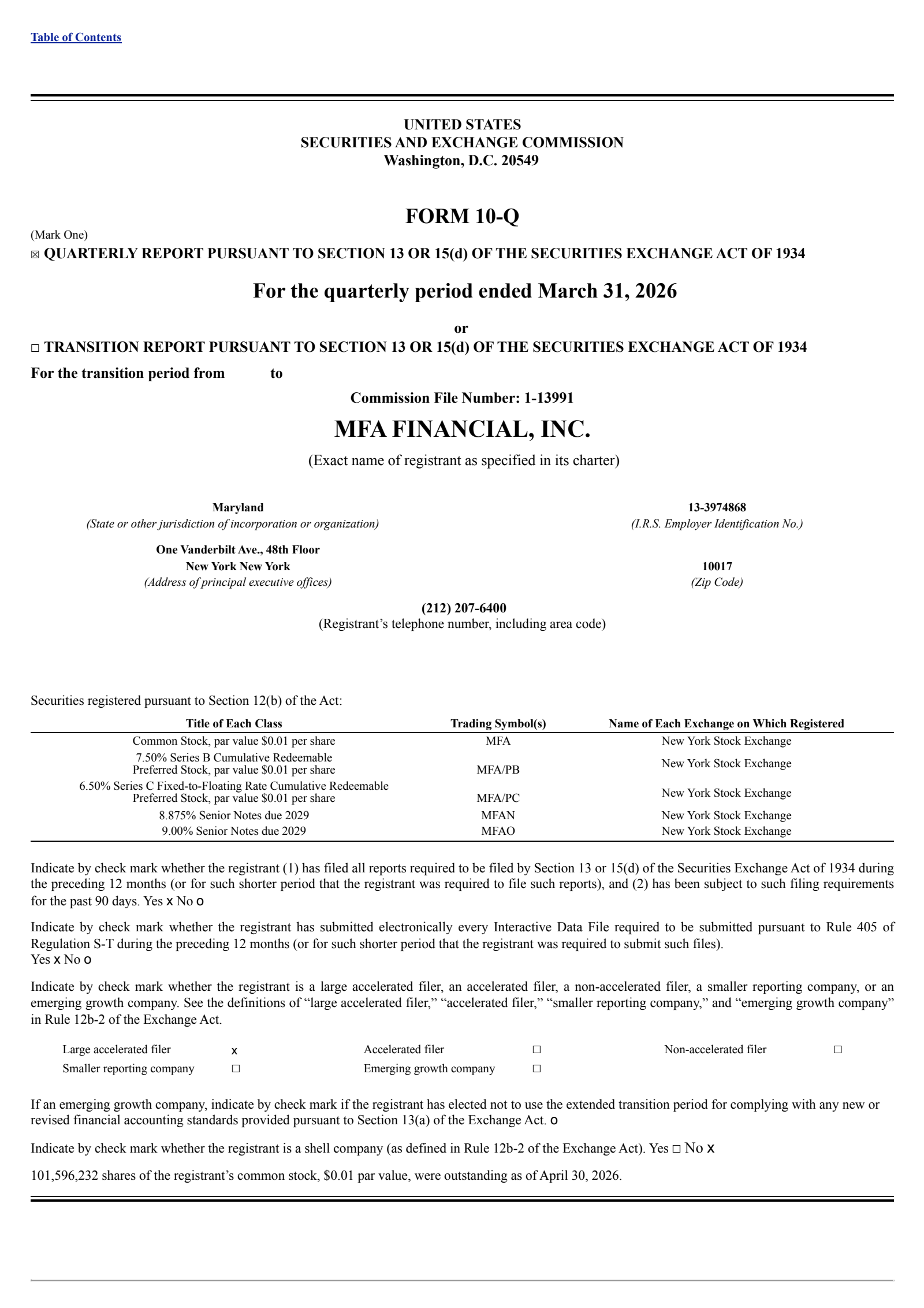 MFA Financial's Q1 2026 Quarterly report