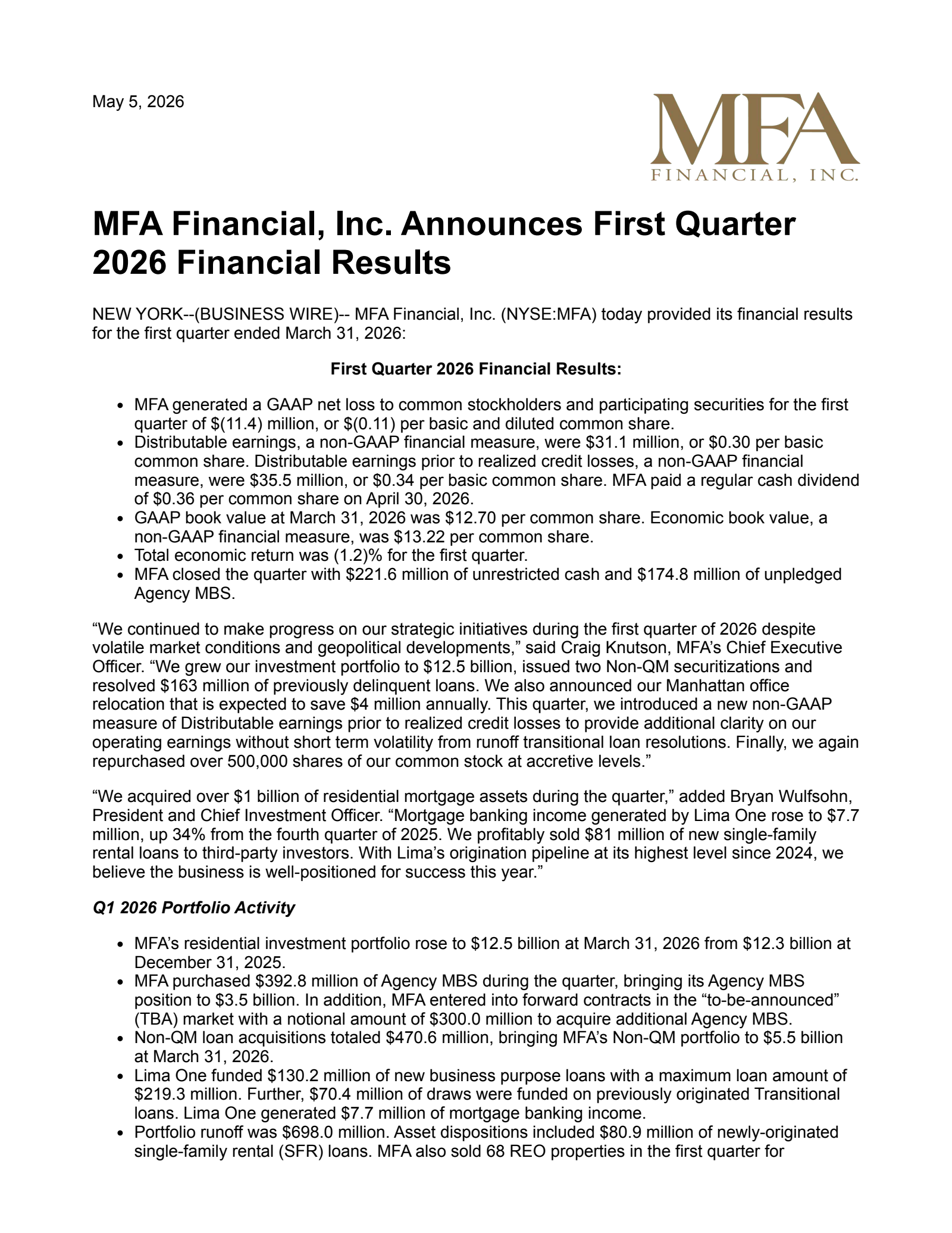 MFA Financial's Q1 2026 Press Release
