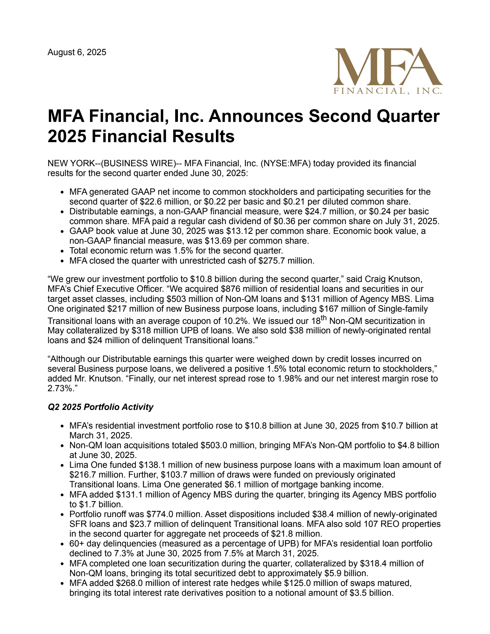 MFA Financial's Q2 2025 Press Release