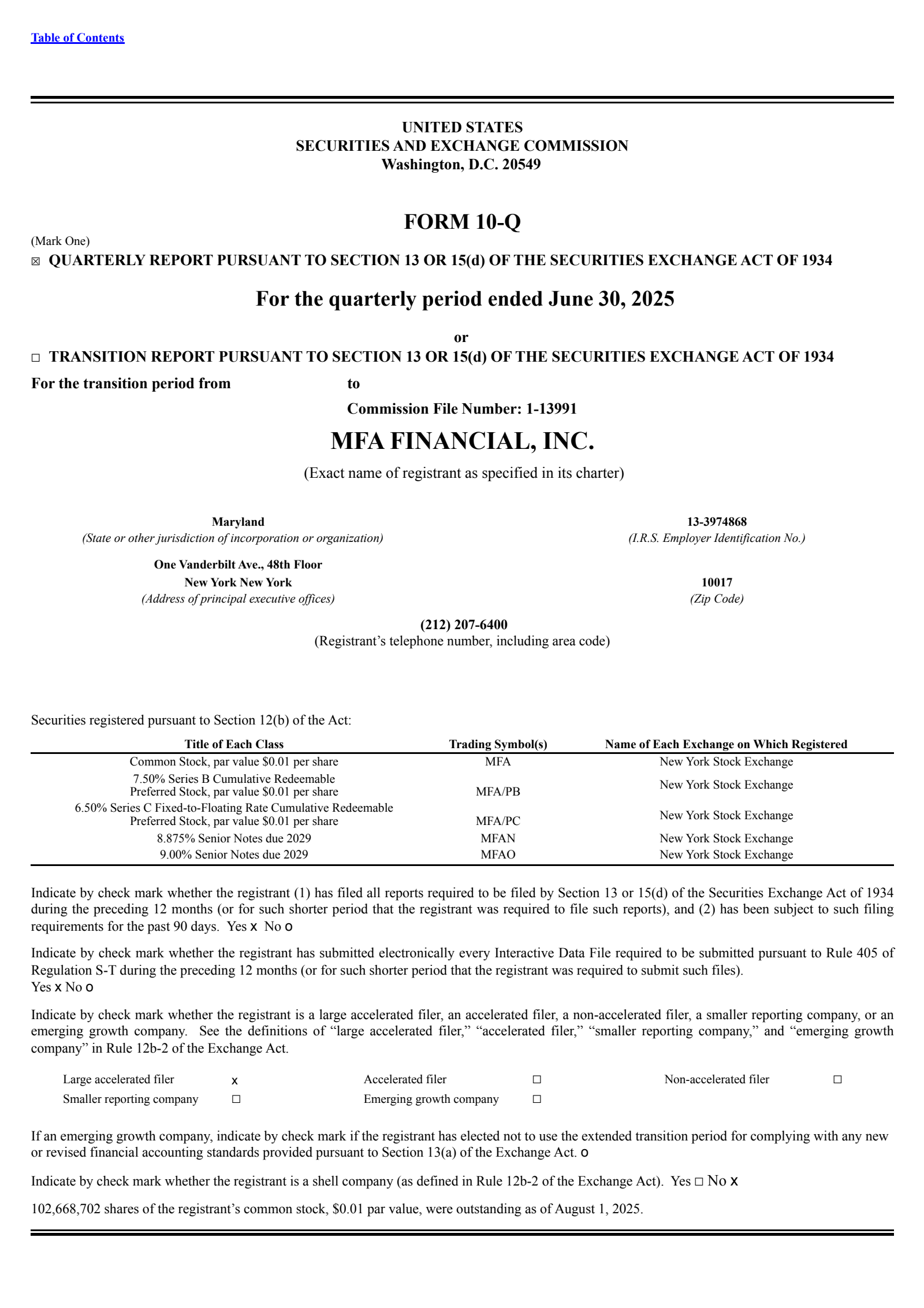 MFA Financial's Q2 2025 Quarterly report