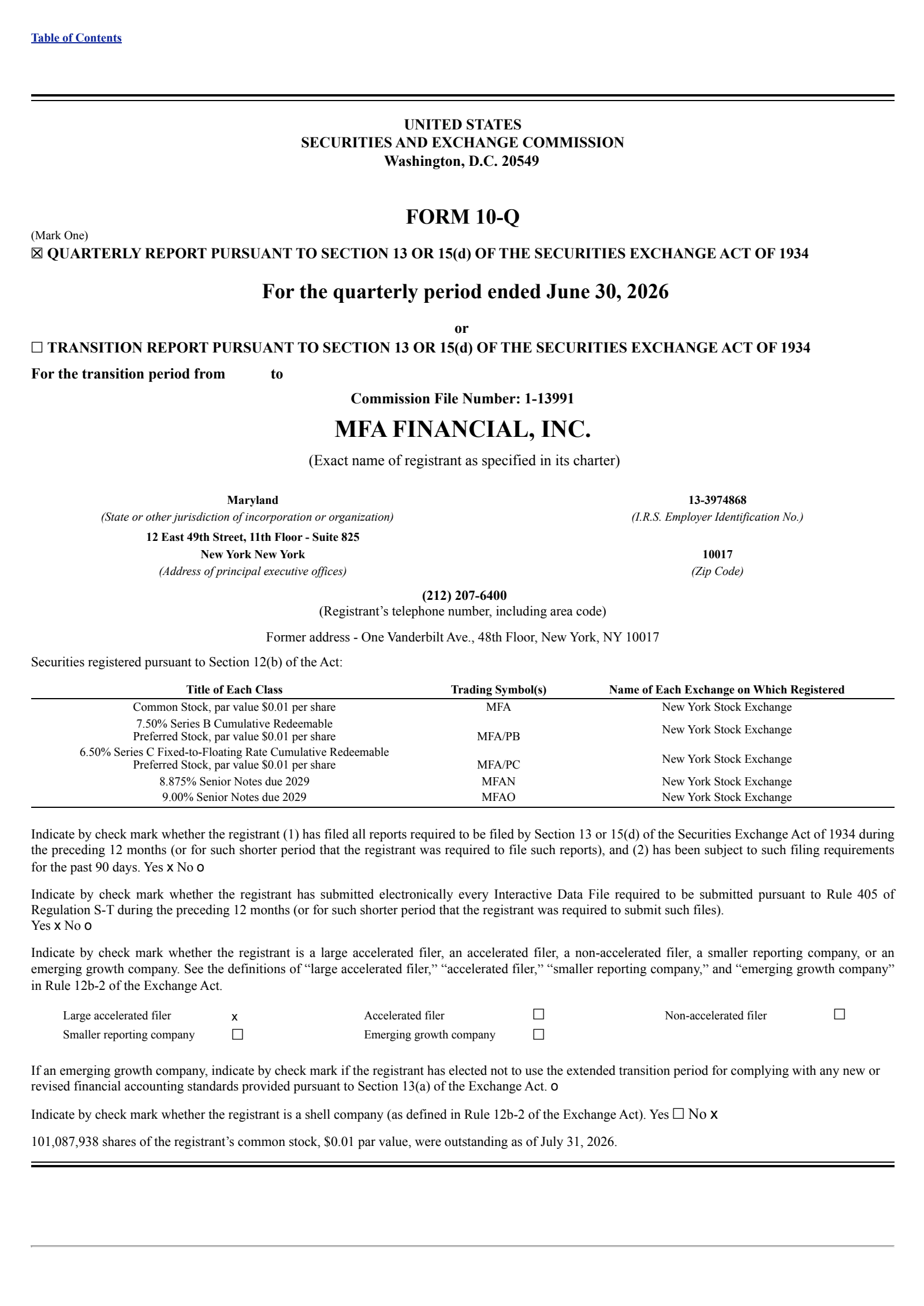 MFA Financial's Q2 2026 Quarterly report