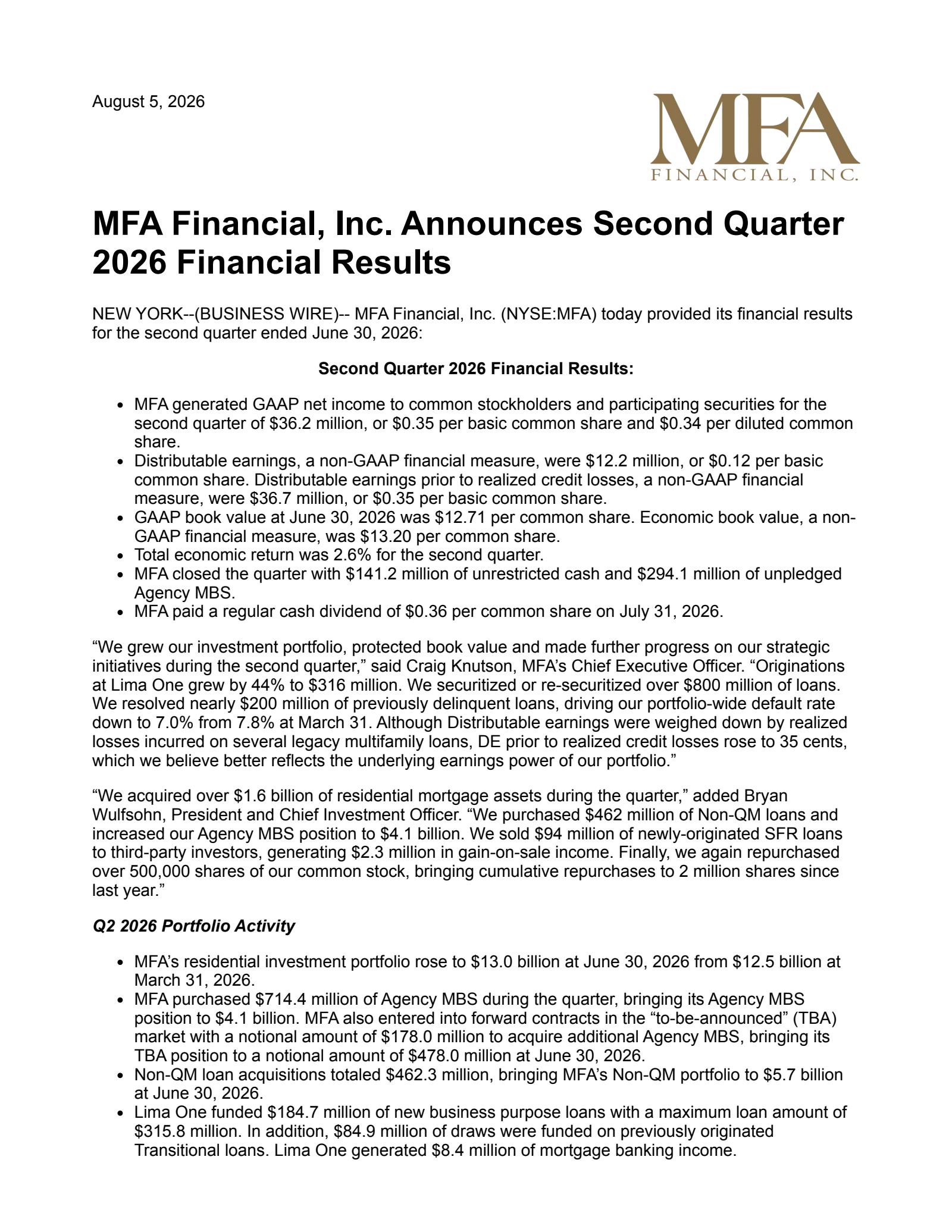 MFA Financial's Q2 2026 Press Release
