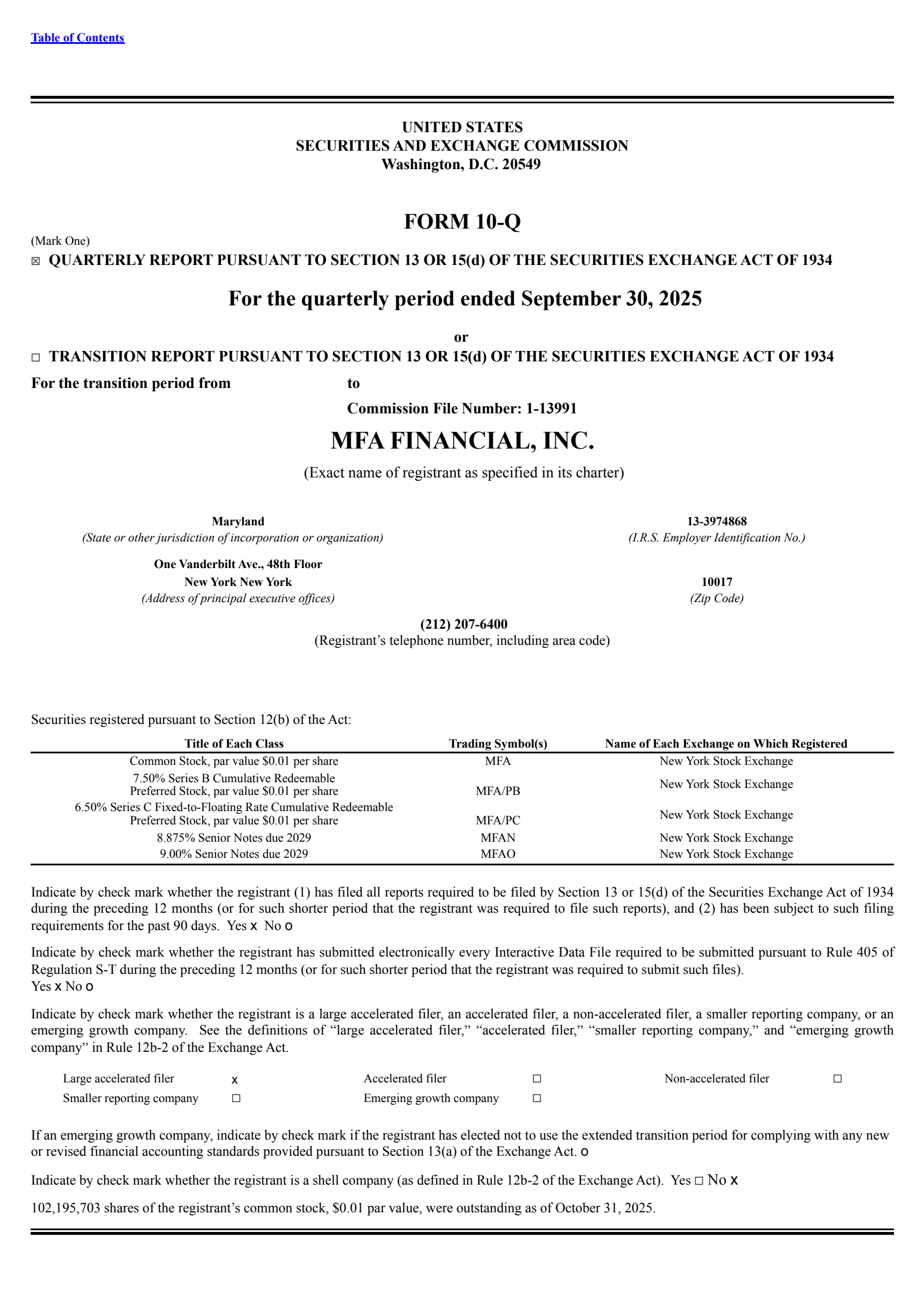 MFA Financial's Q3 2025 Quarterly Report