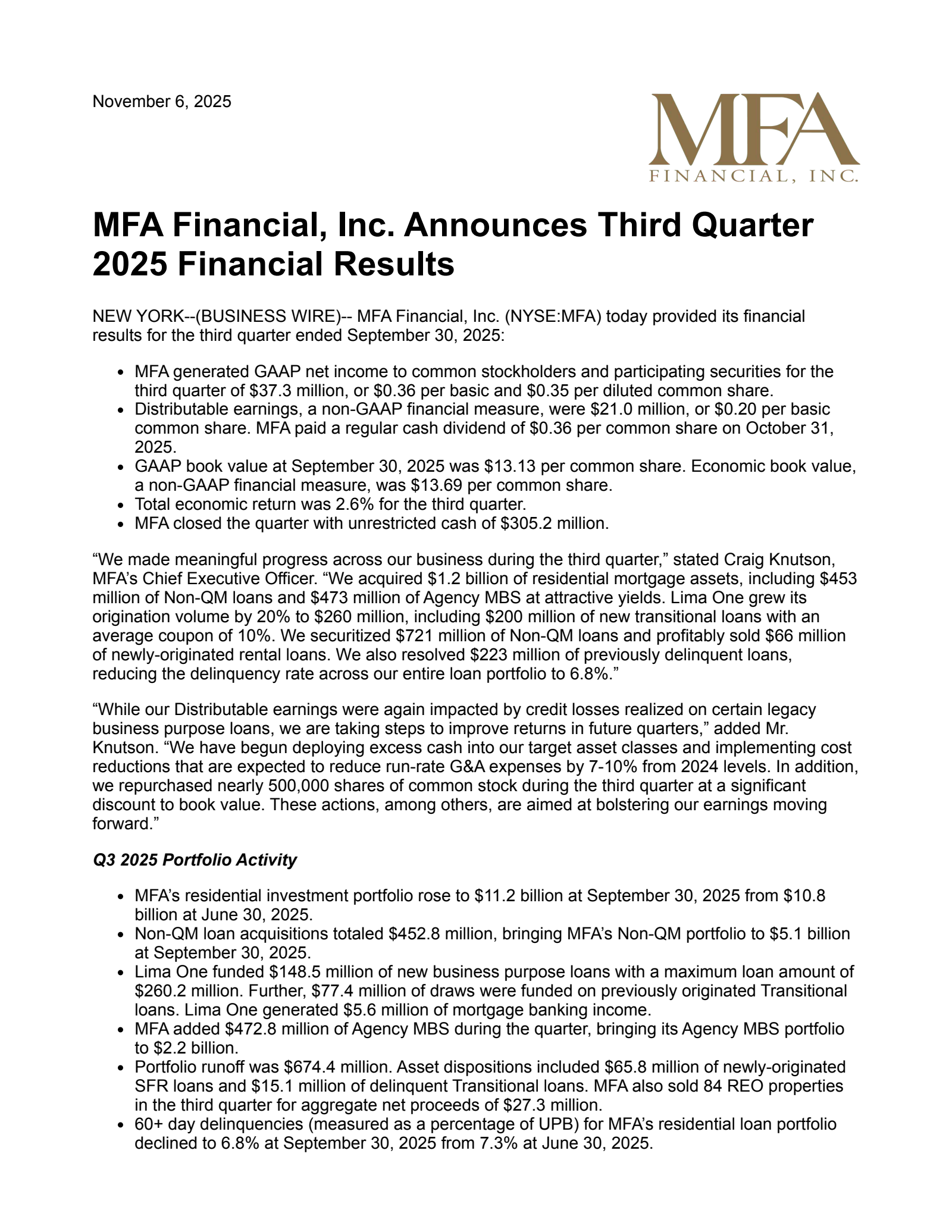MFA Financial's Q3 2025 Earnings Release