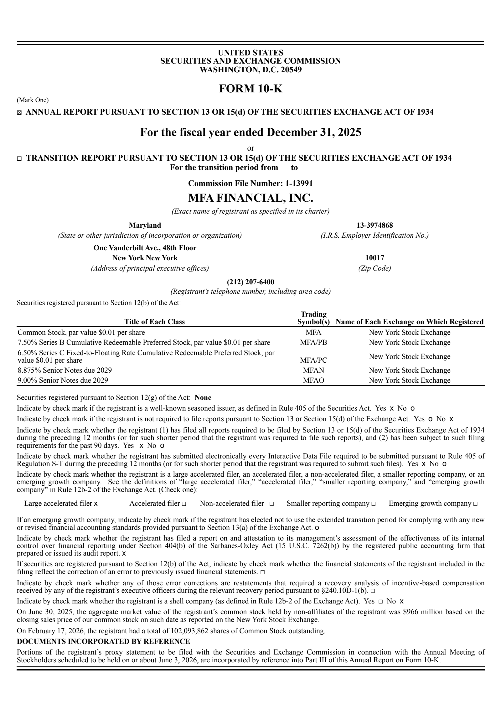MFA Financial's Q4 2025 Annual report