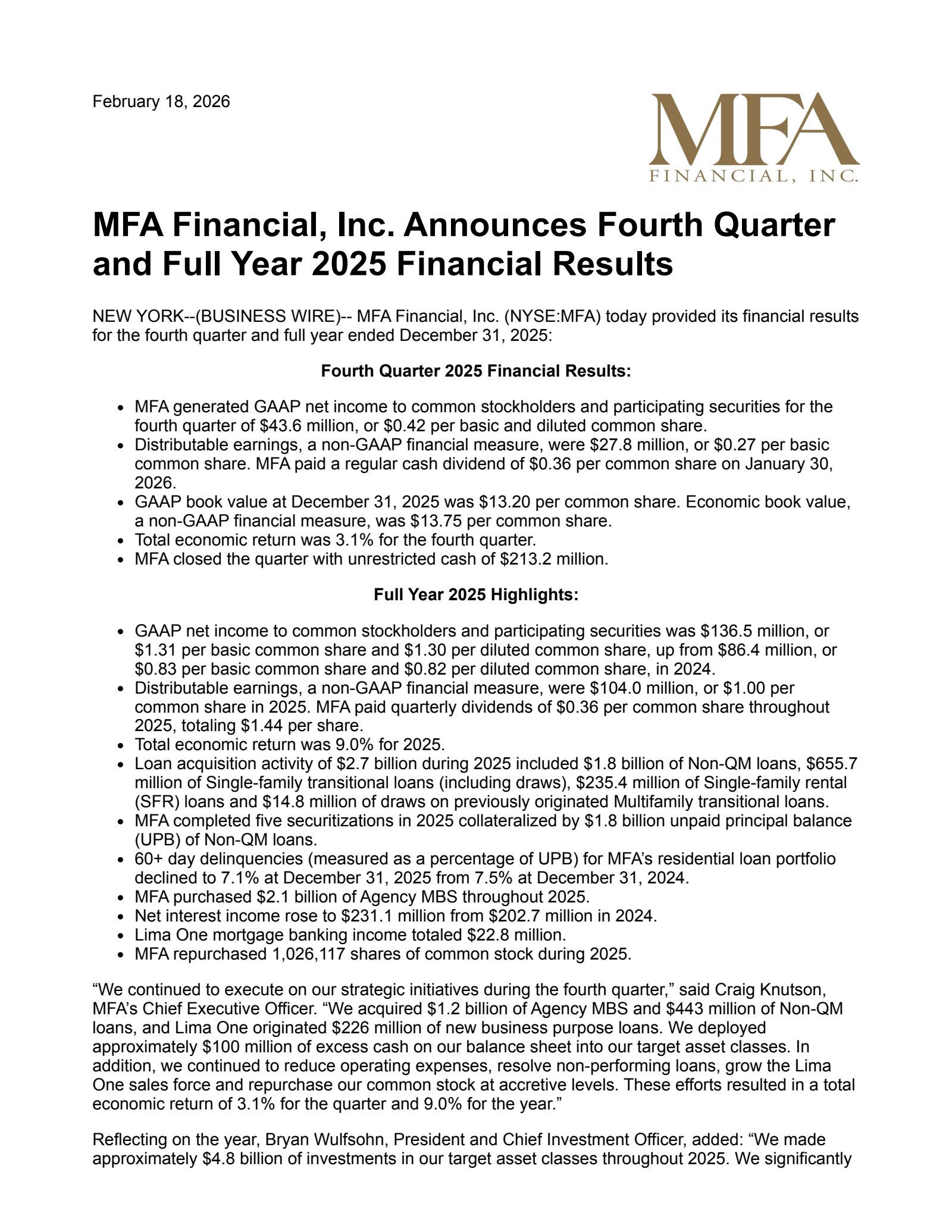 MFA Financial's Q4 2025 Press Release