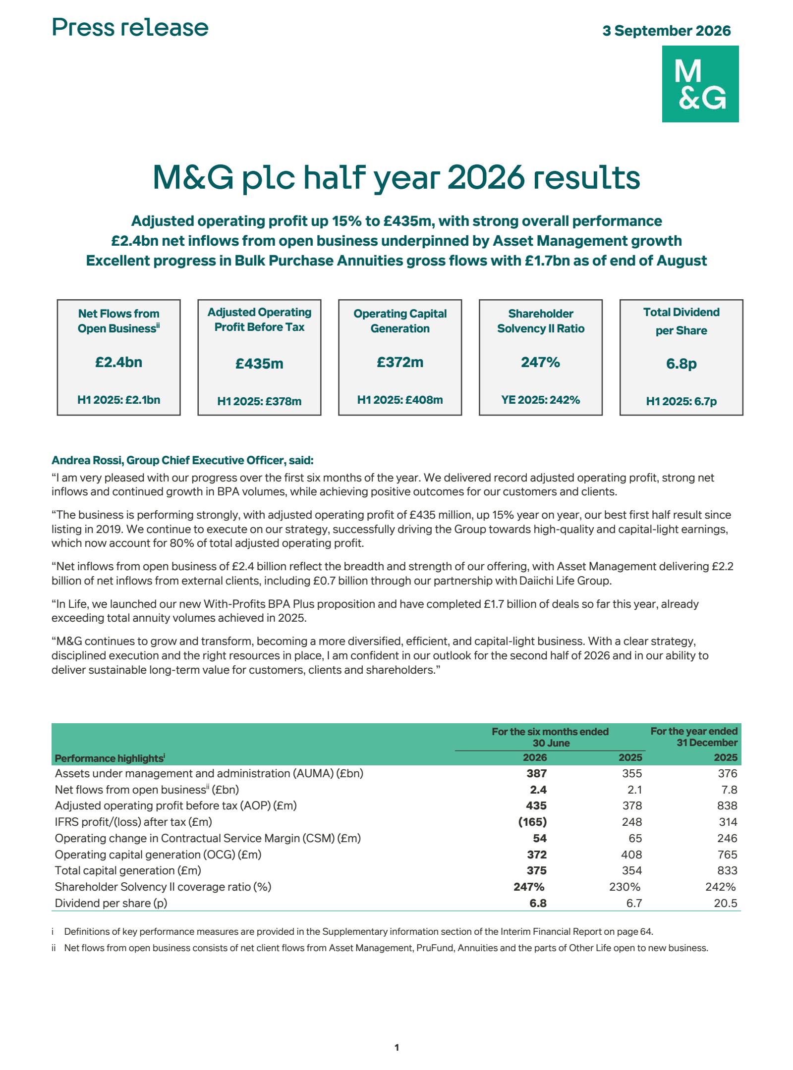 M&G's H1 2026 Interim report