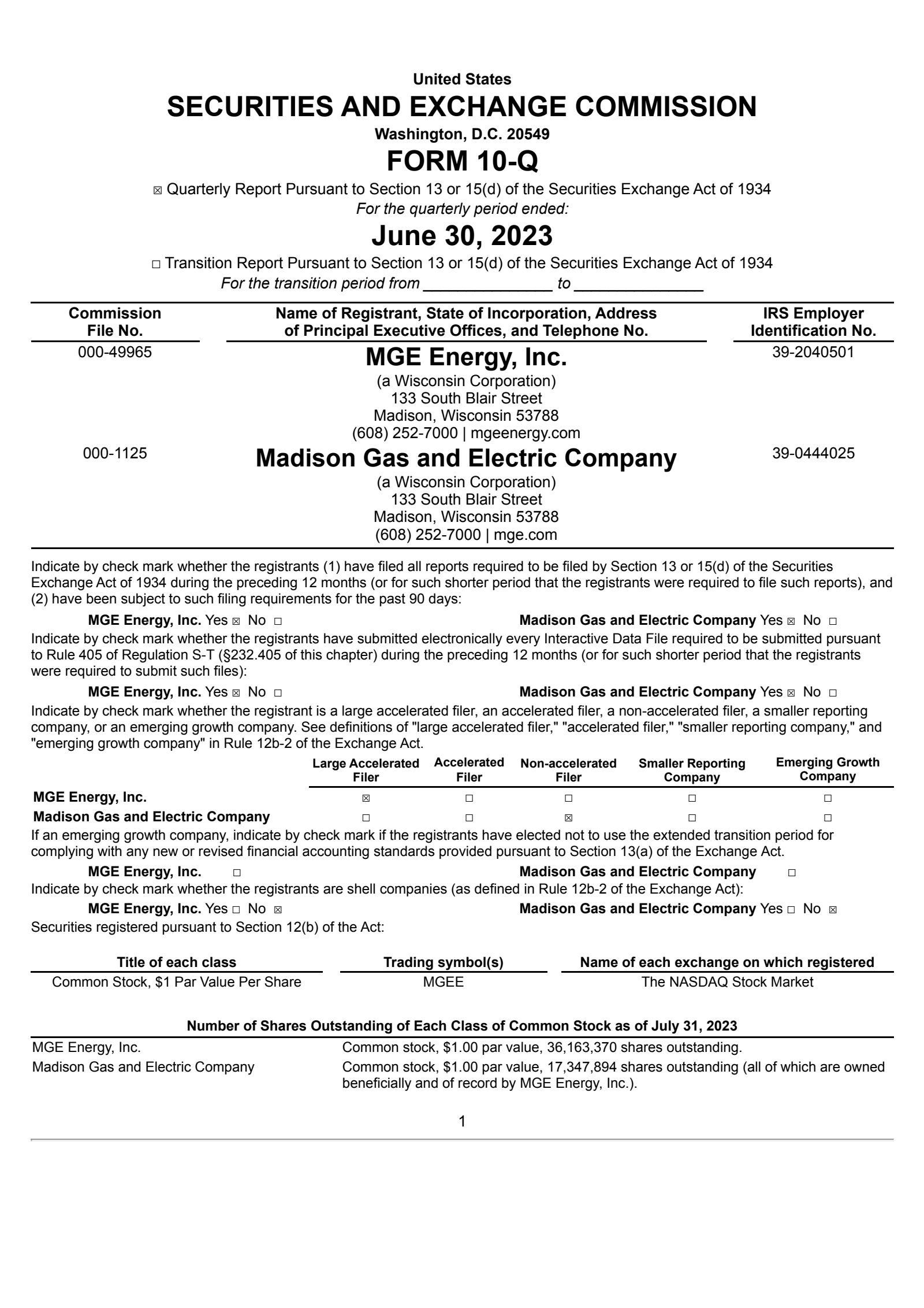 MGE Energy's Q2 2023 Quarterly report