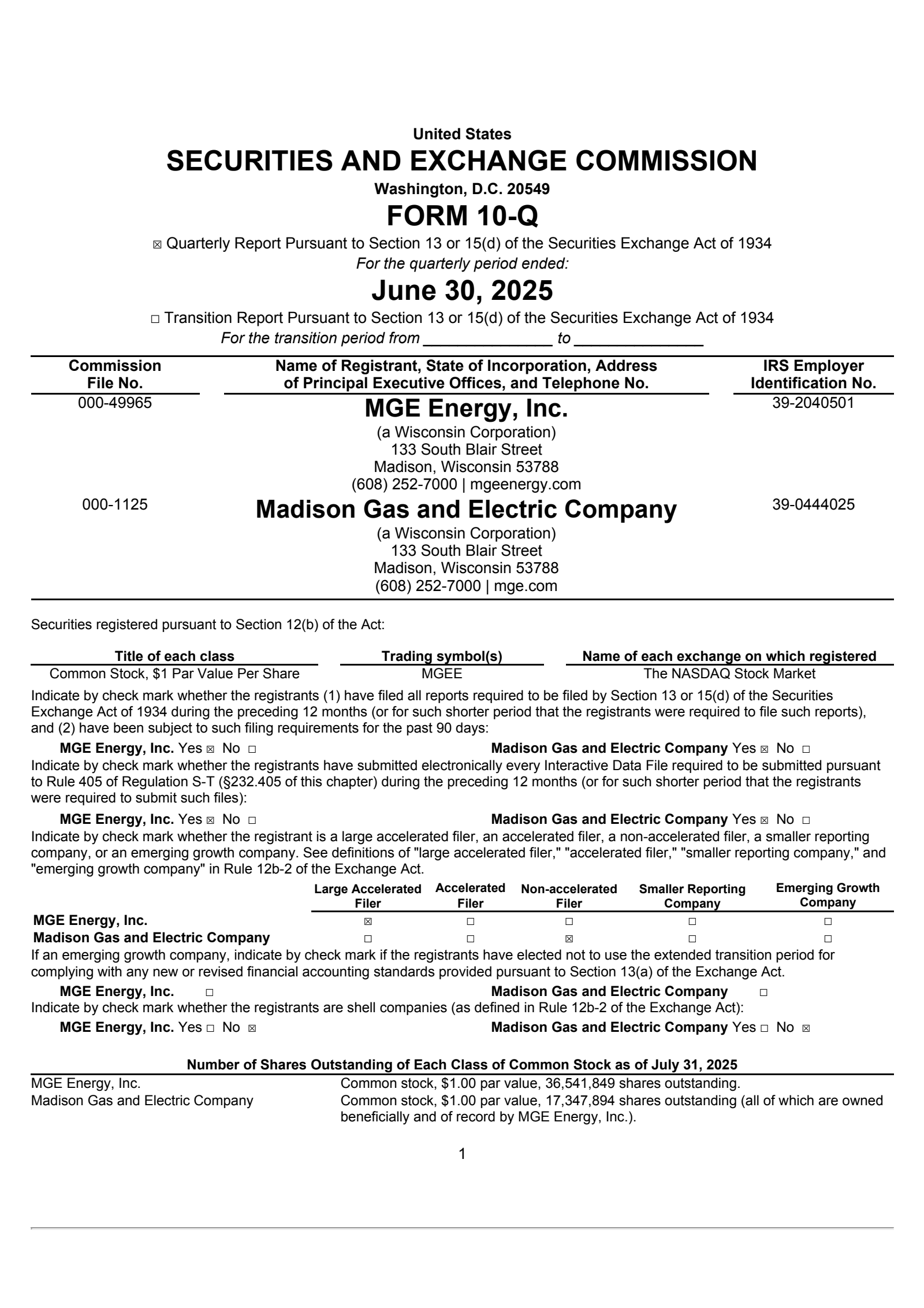 MGE Energy's Q2 2025 Quarterly report