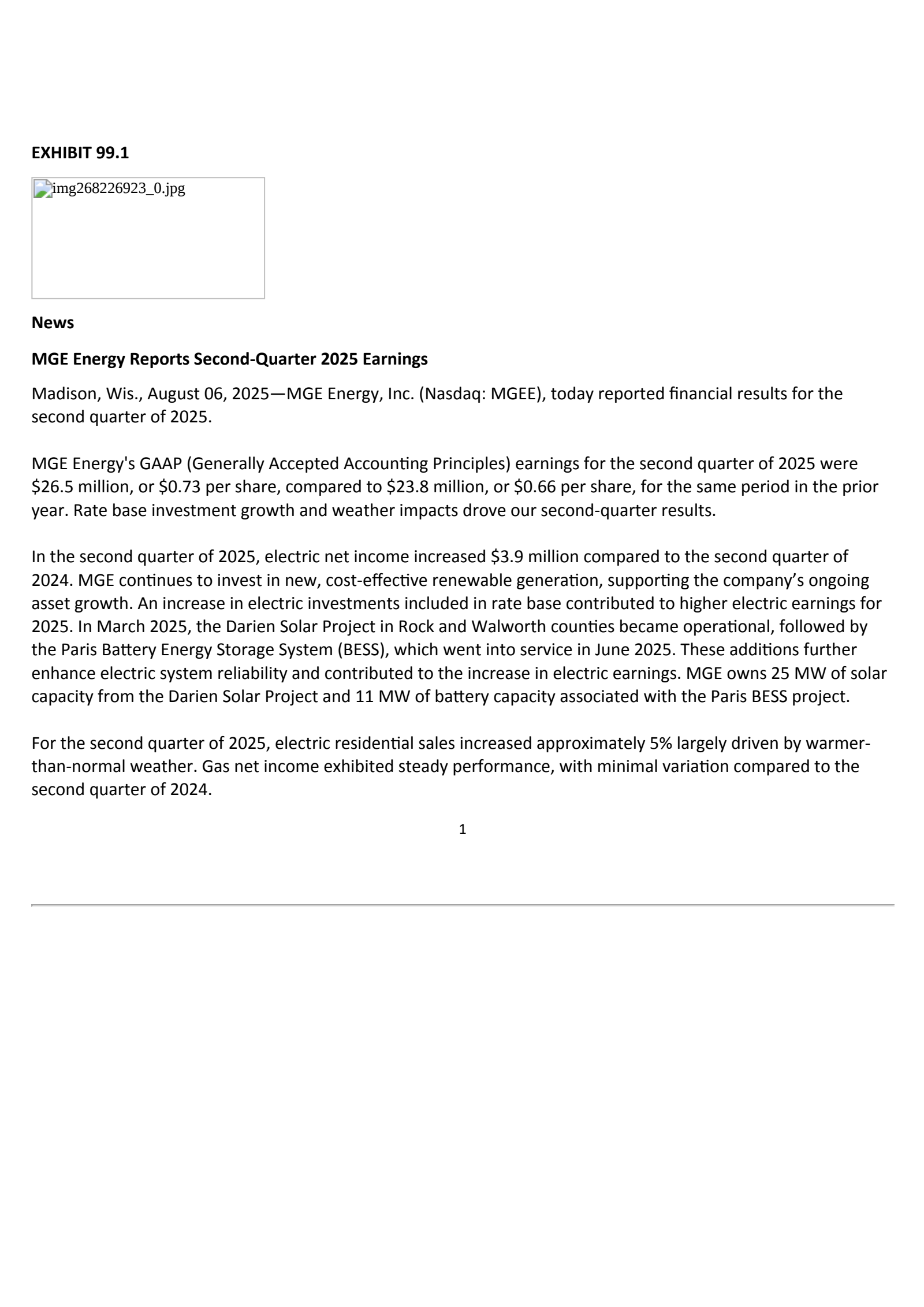 MGE Energy's Q2 2025 Press Release