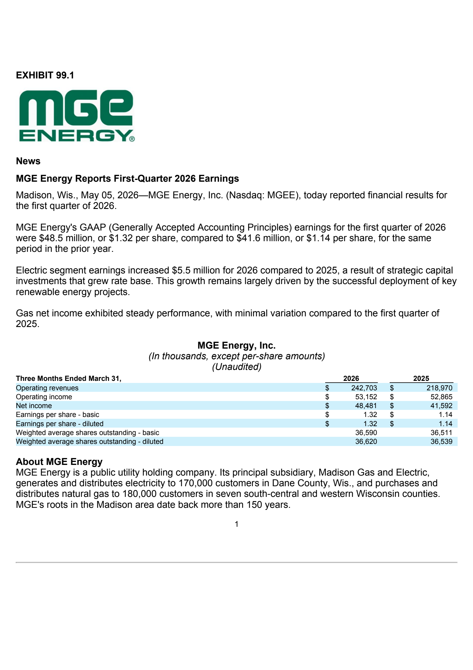 MGE Energy's Q2 2026 Press Release