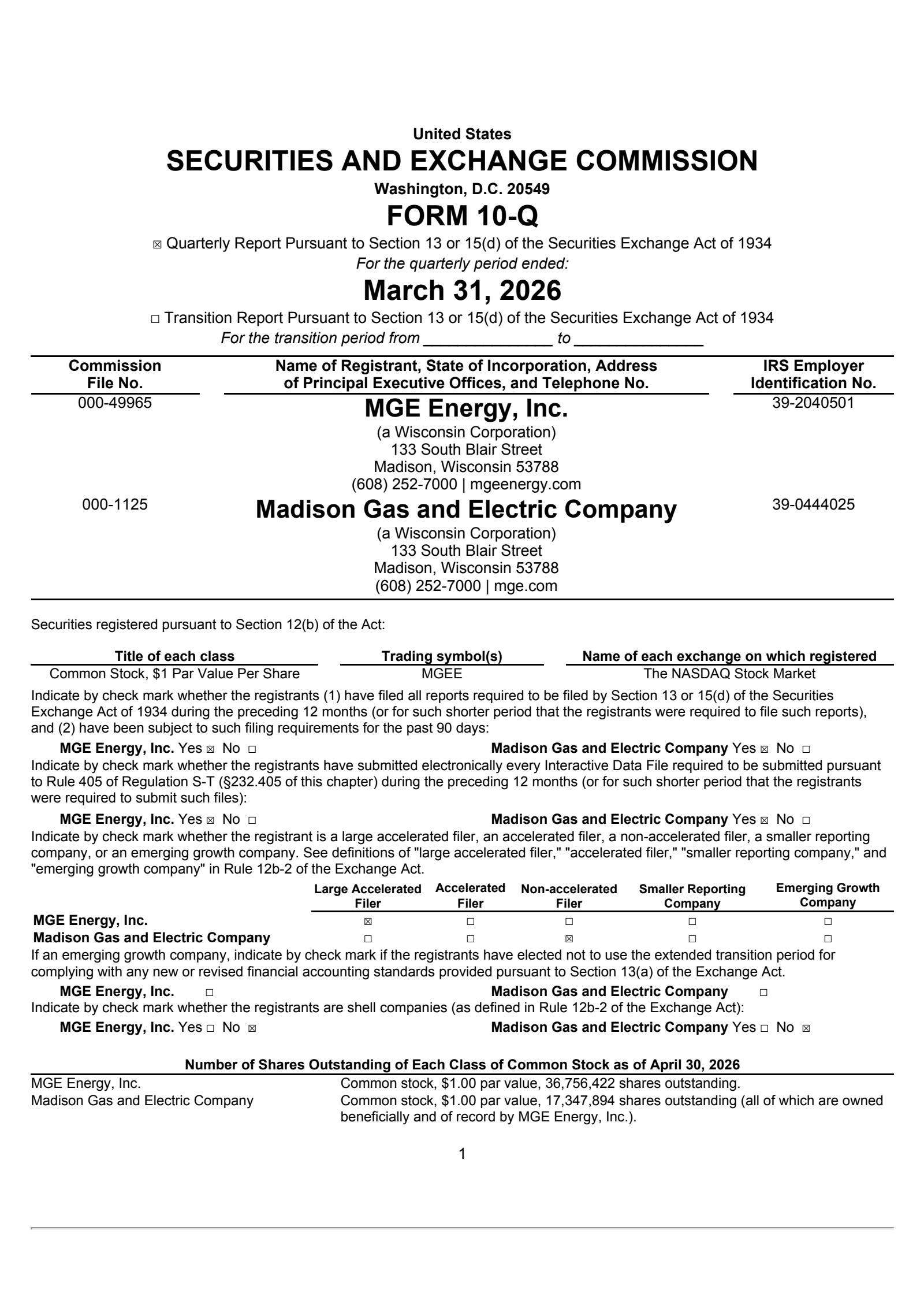 MGE Energy's Q2 2026 Quarterly report