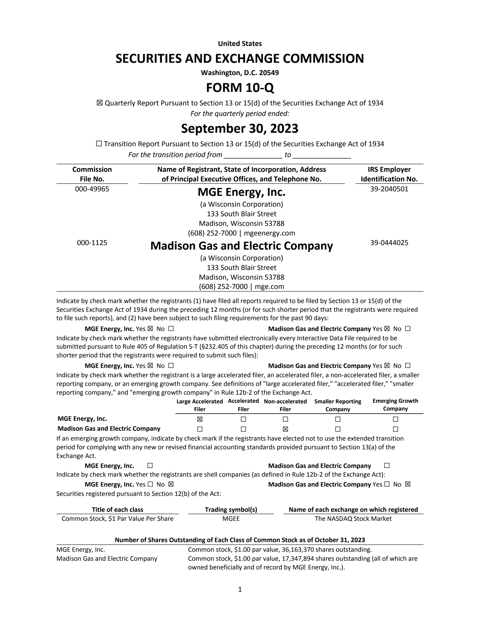 MGE Energy's Q3 2023 Quarterly Report