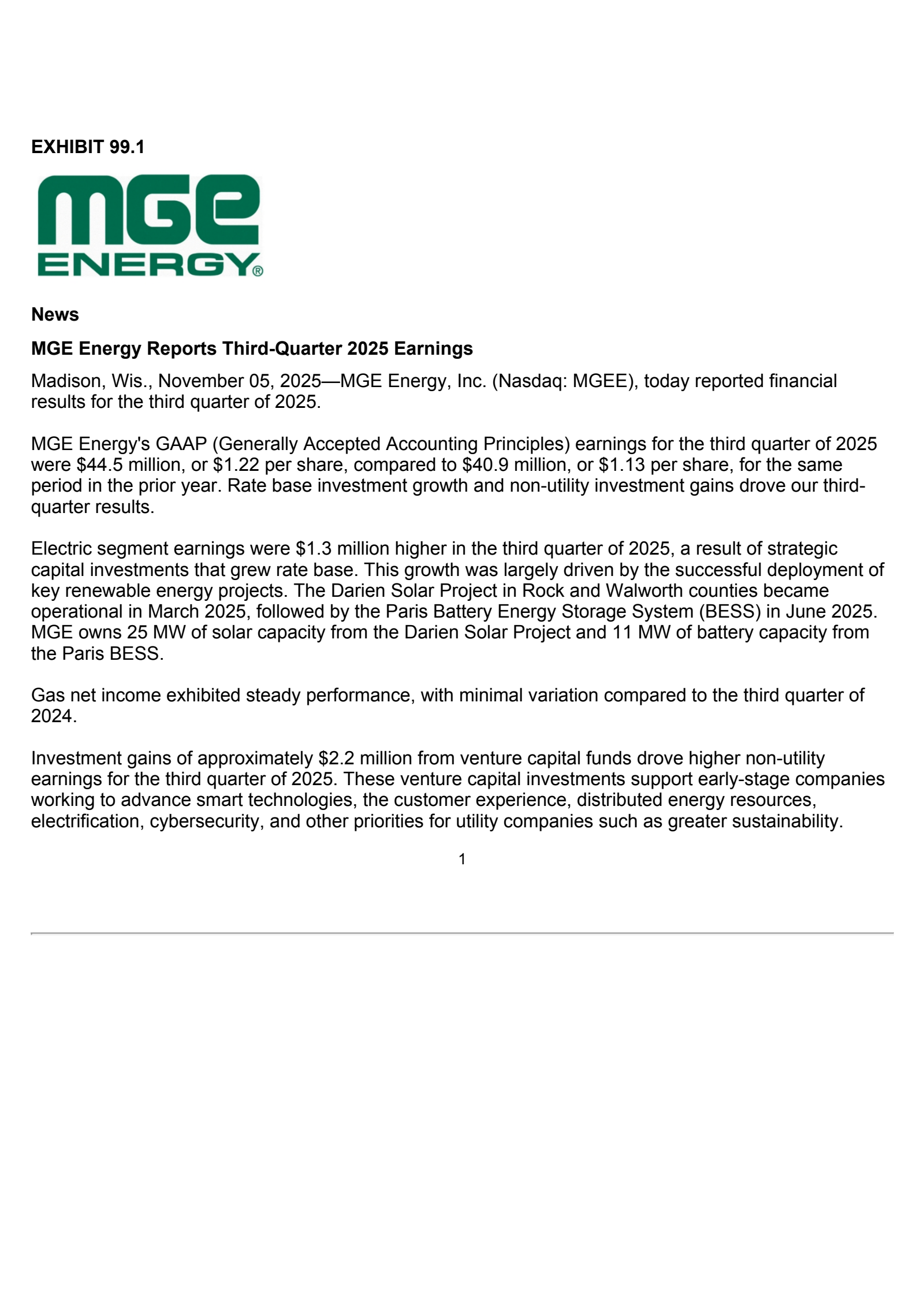 MGE Energy's Q3 2025 Earnings Release