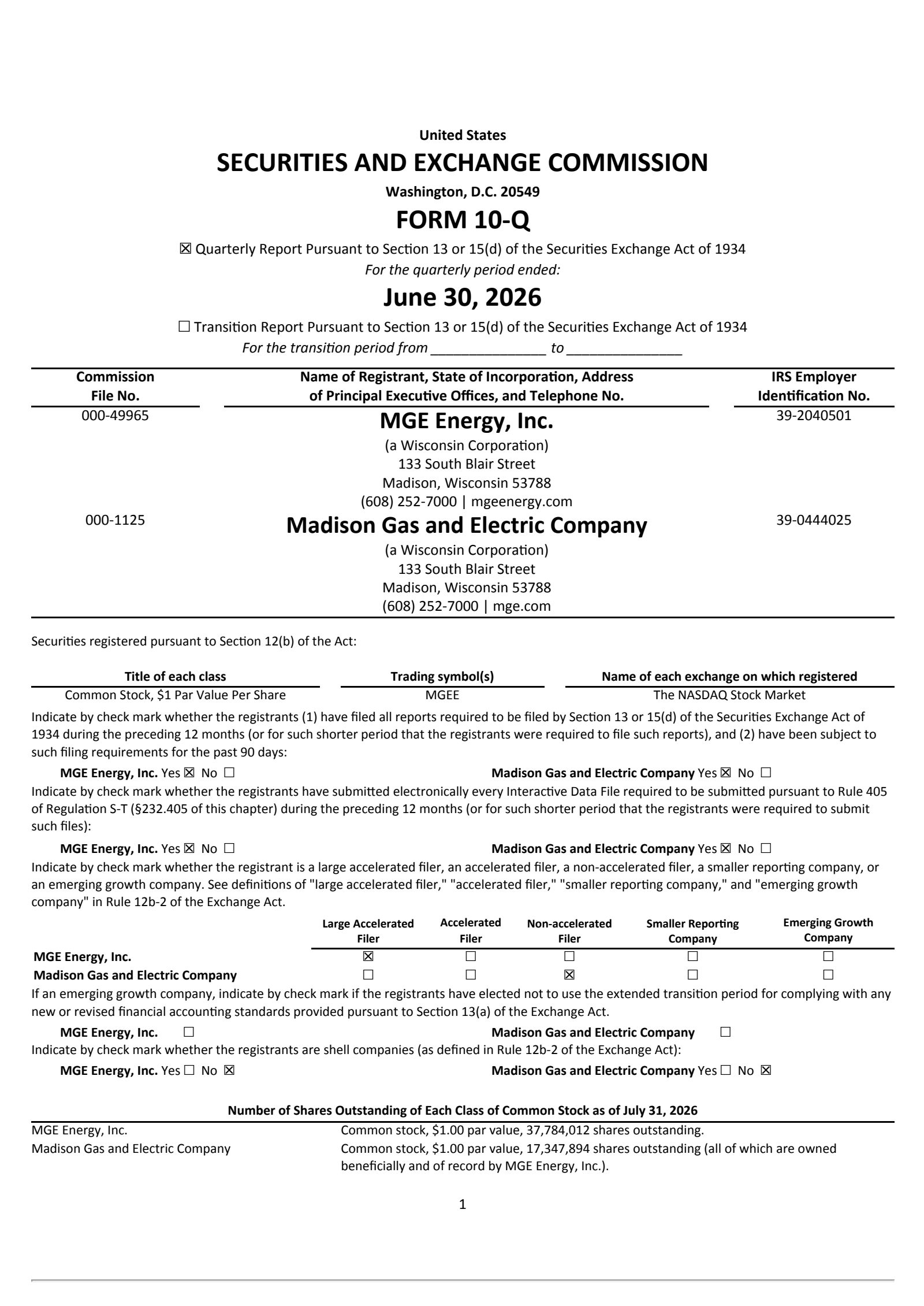 MGE Energy's Q3 2026 Quarterly report