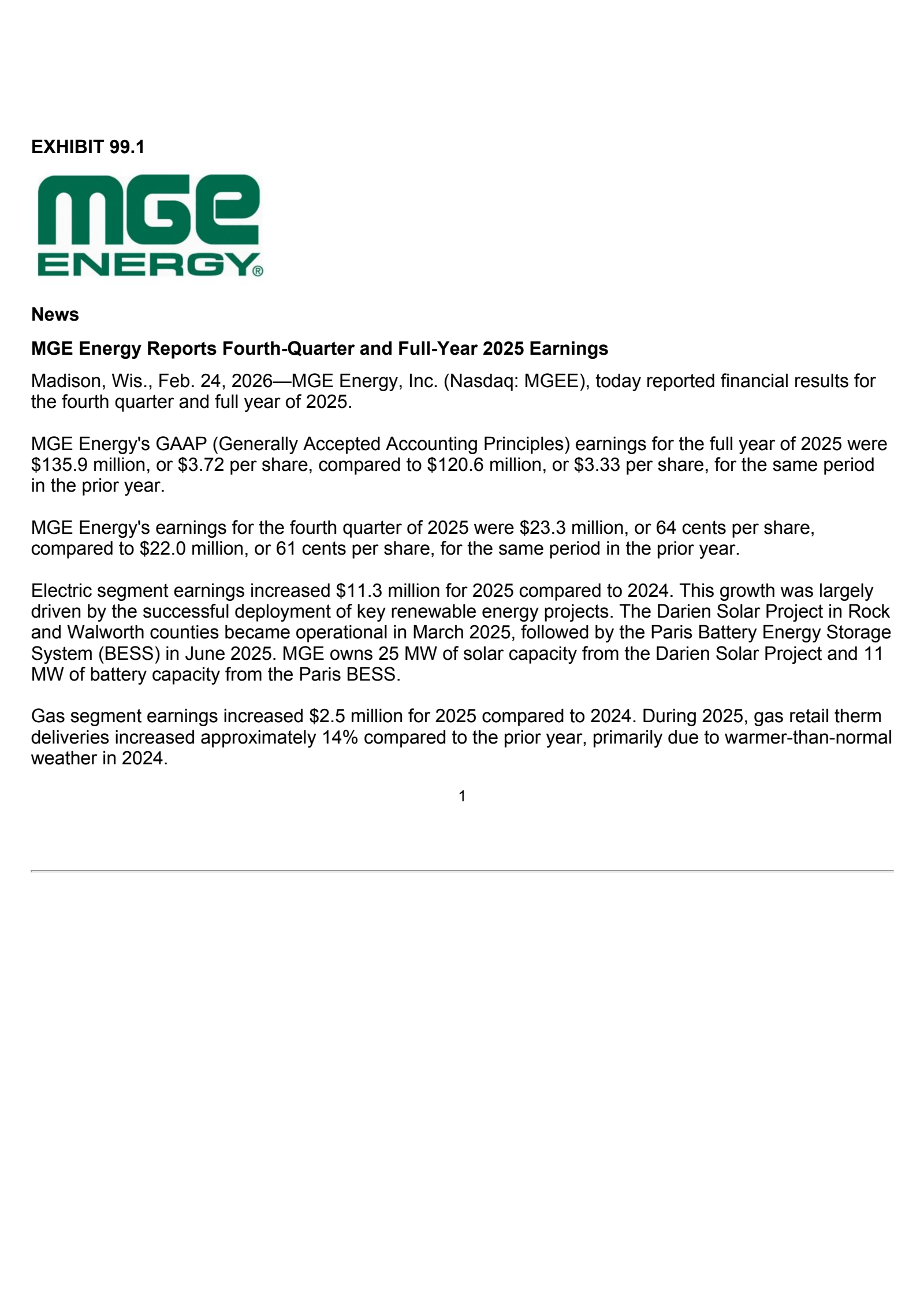 MGE Energy's Q4 2025 Press Release