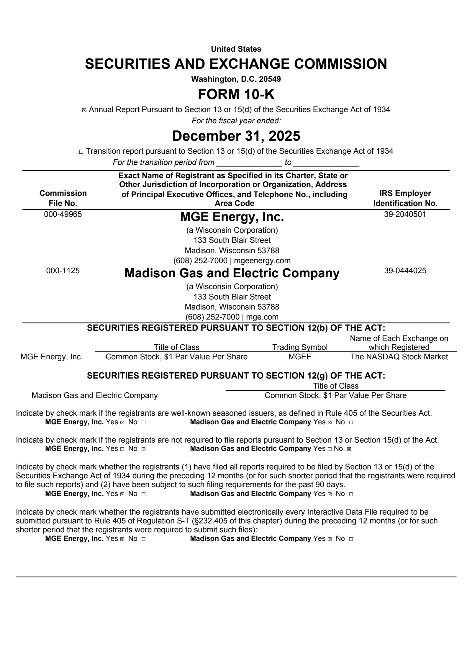 MGE Energy's Q4 2025 Annual report
