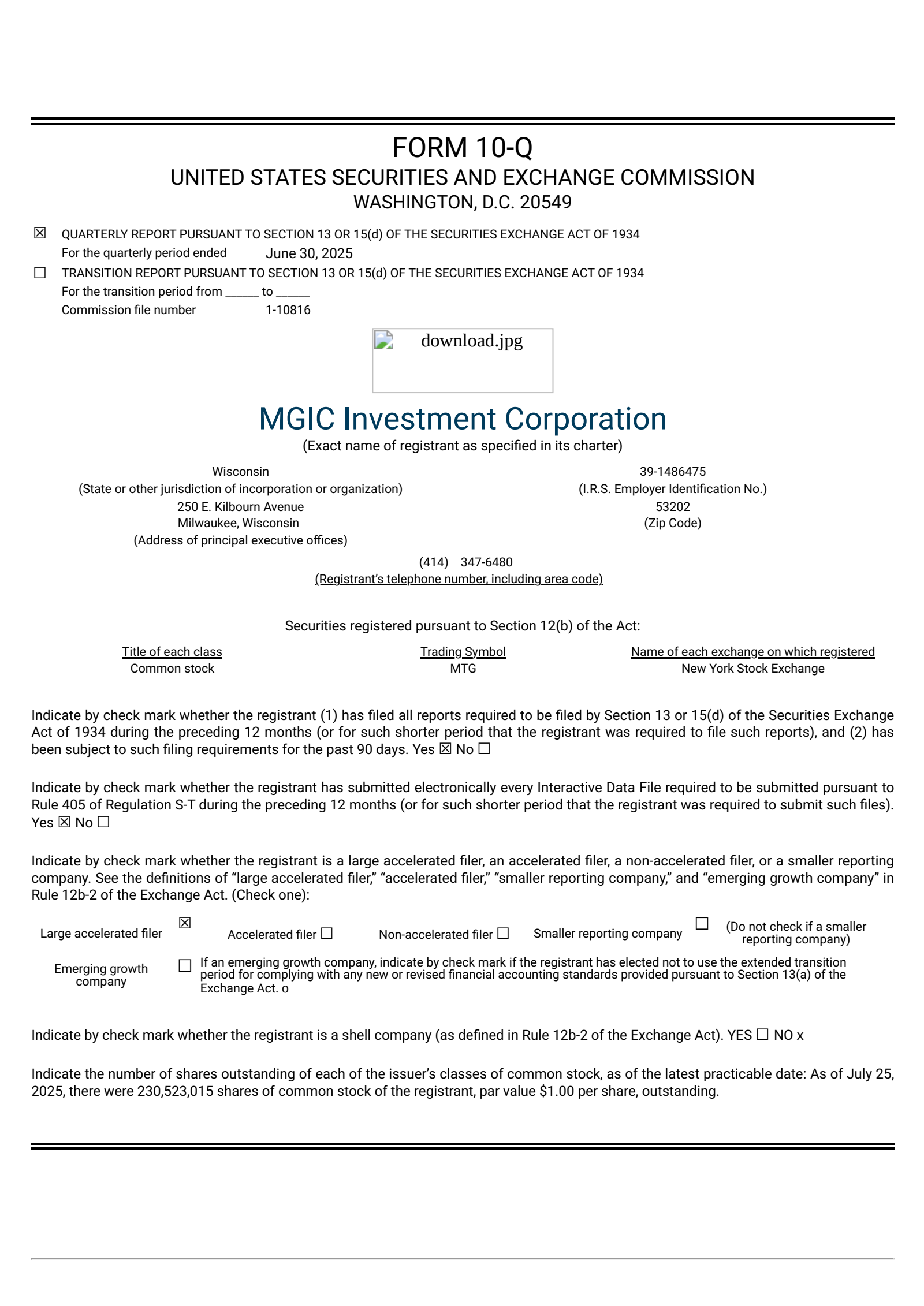 MGIC Investment's Q2 2025 Quarterly report