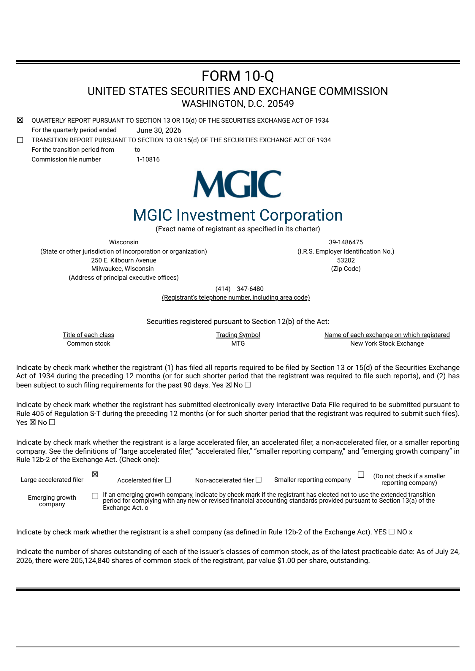 MGIC Investment's Q2 2026 Quarterly report