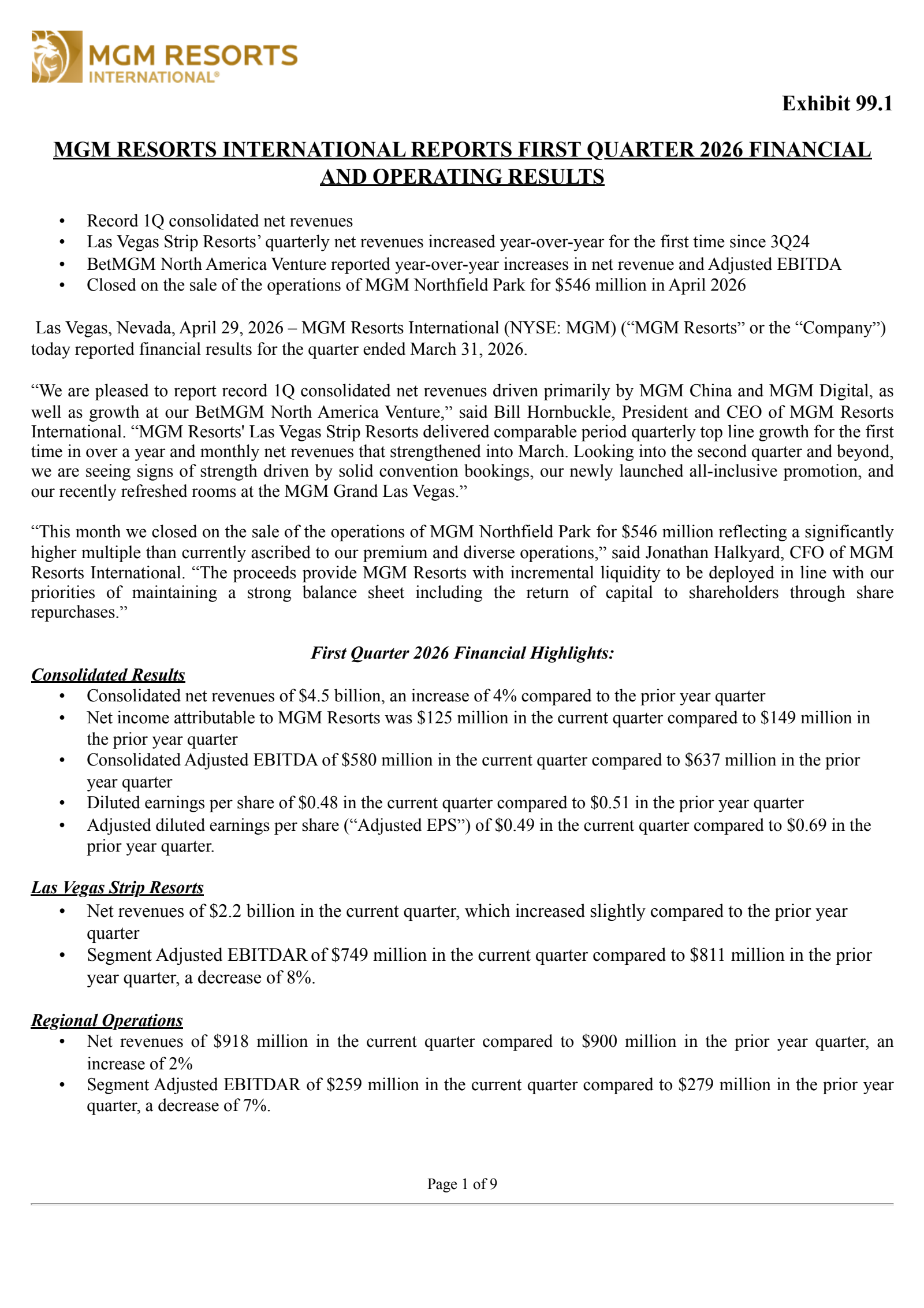 MGM Resorts International's Q1 2026 Press Release