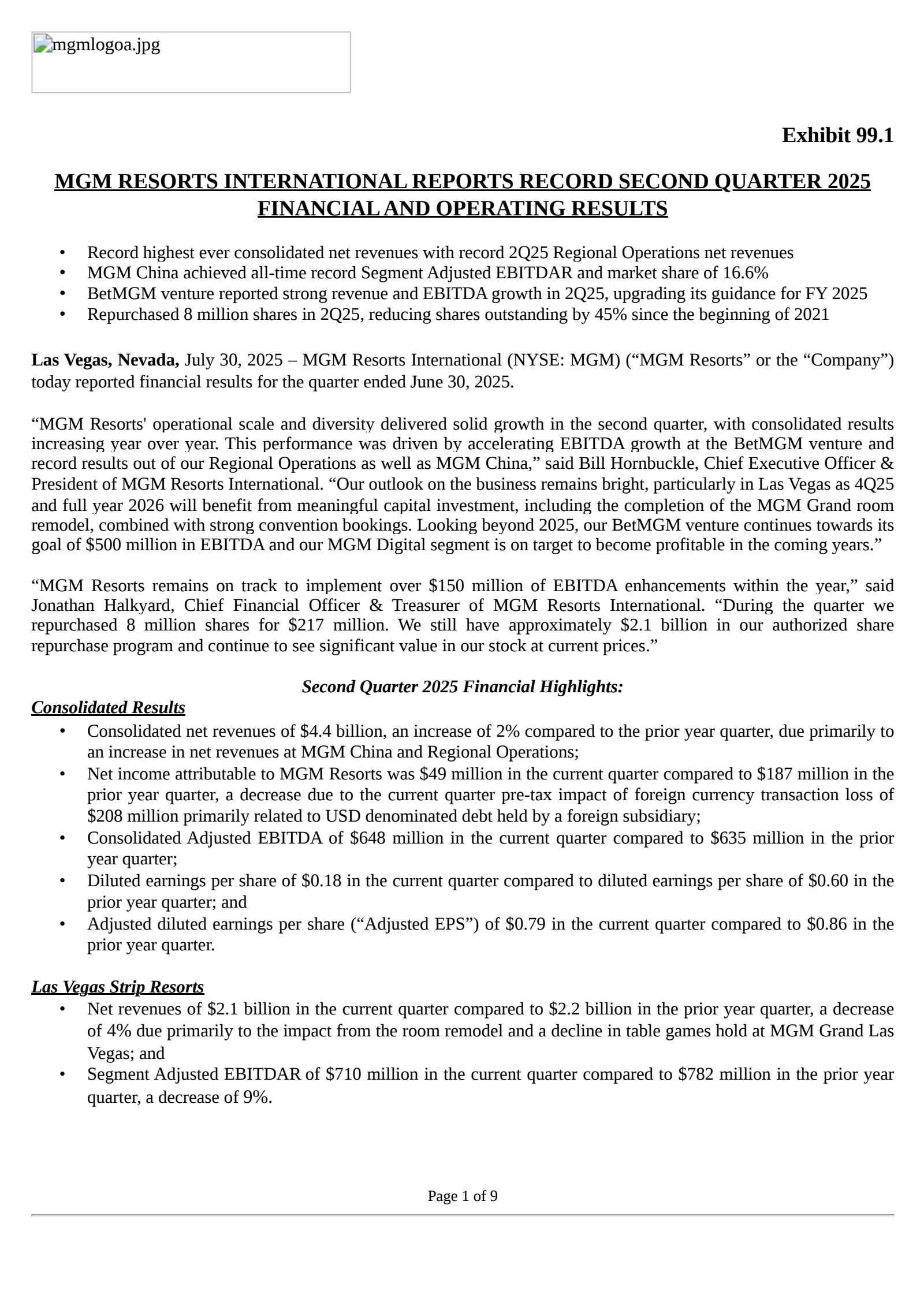 MGM Resorts International's Q2 2025 Press Release