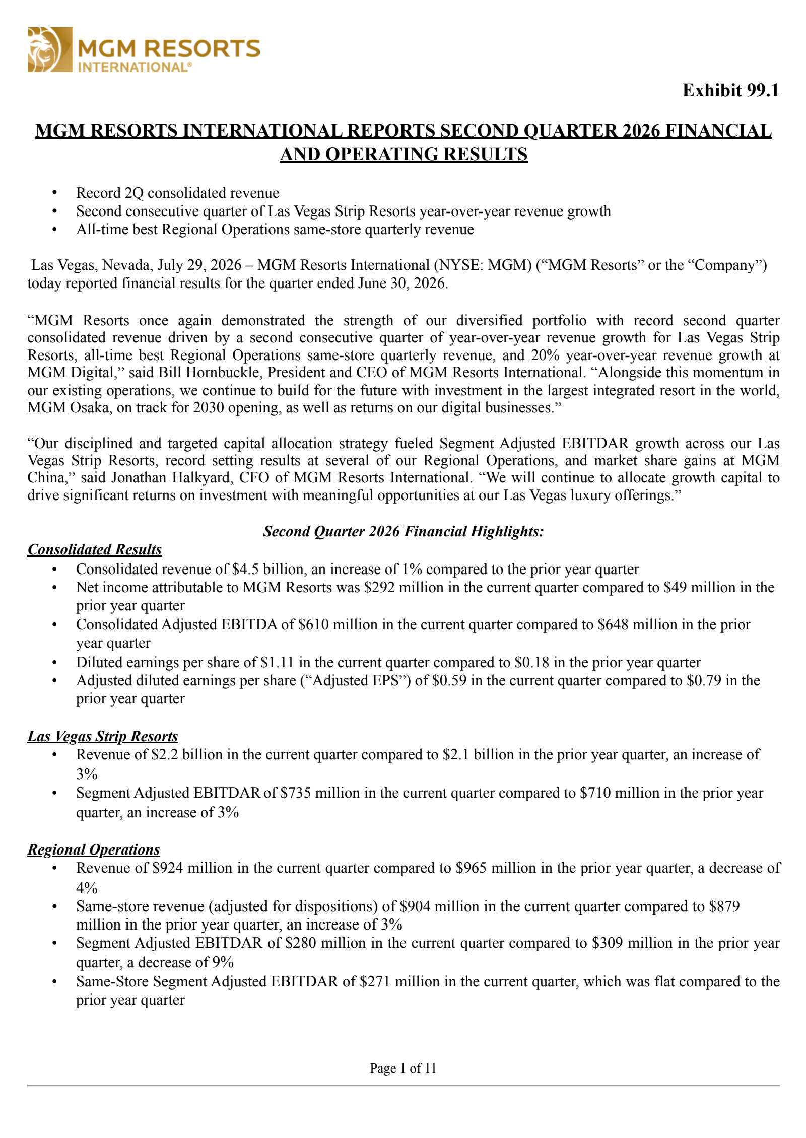 MGM Resorts International's Q2 2026 Press Release