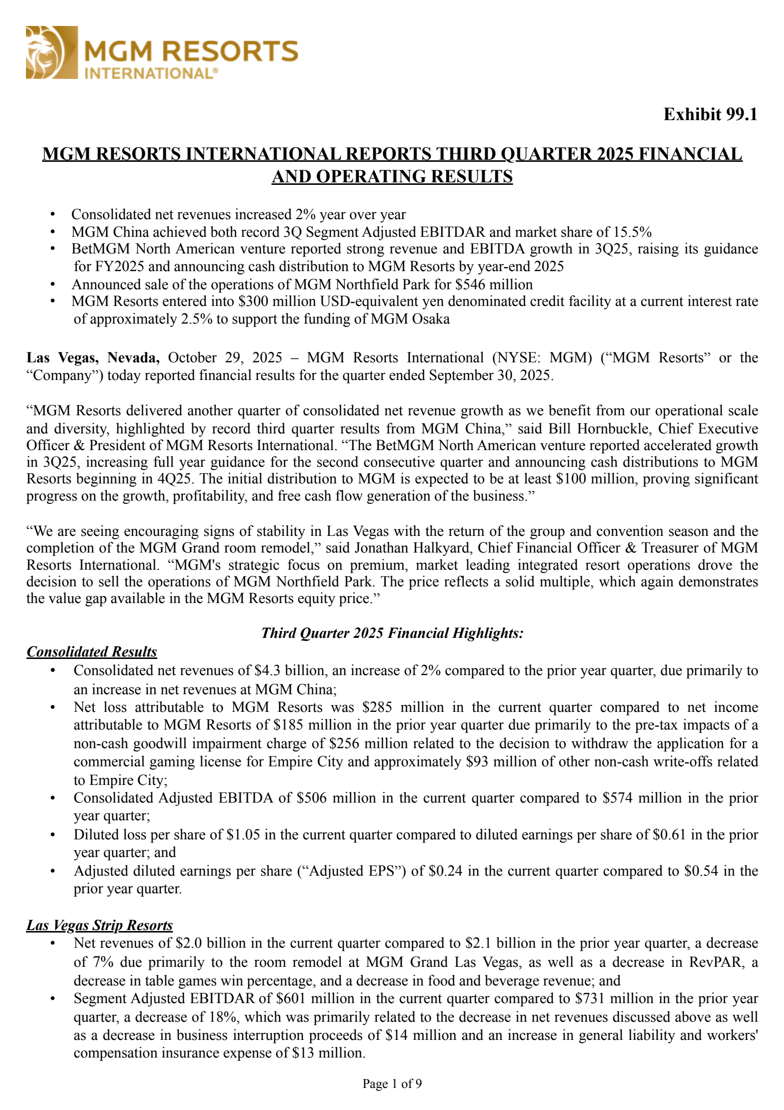 MGM Resorts International's Q3 2025 Earnings Release