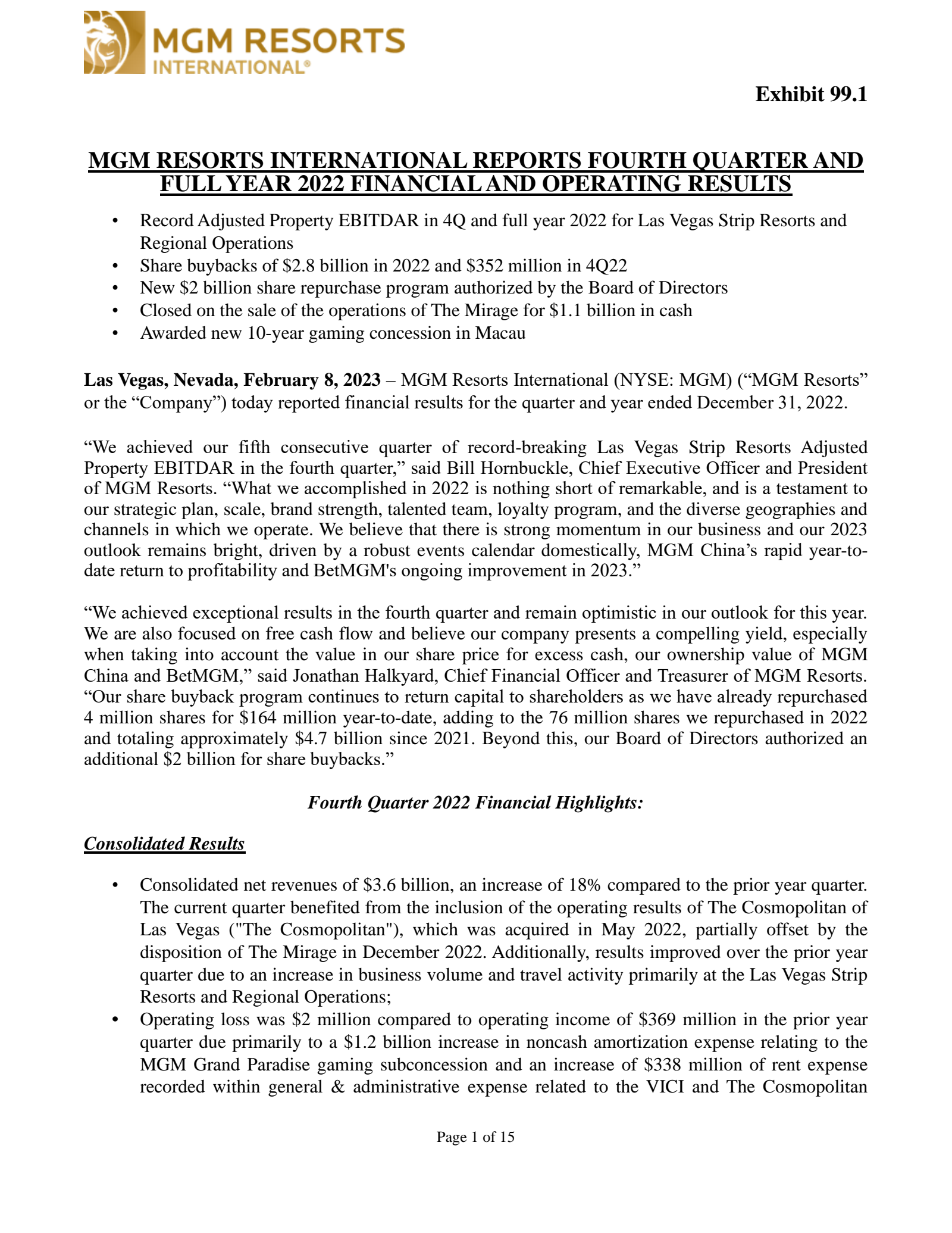 MGM Resorts International's Q4 2022 Earnings Release