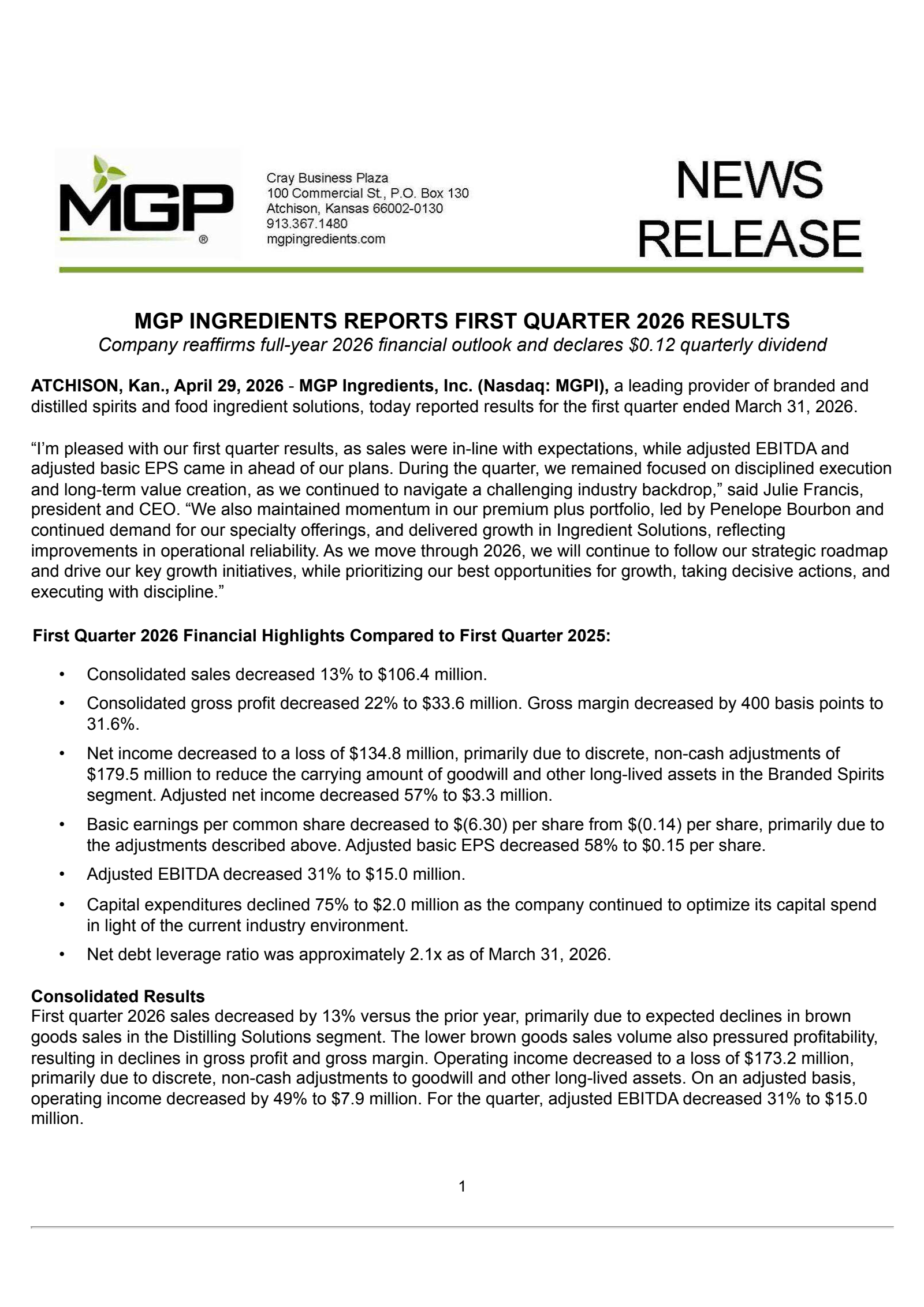 MGPI Q1 2026 Earnings Report on 4/29/2026