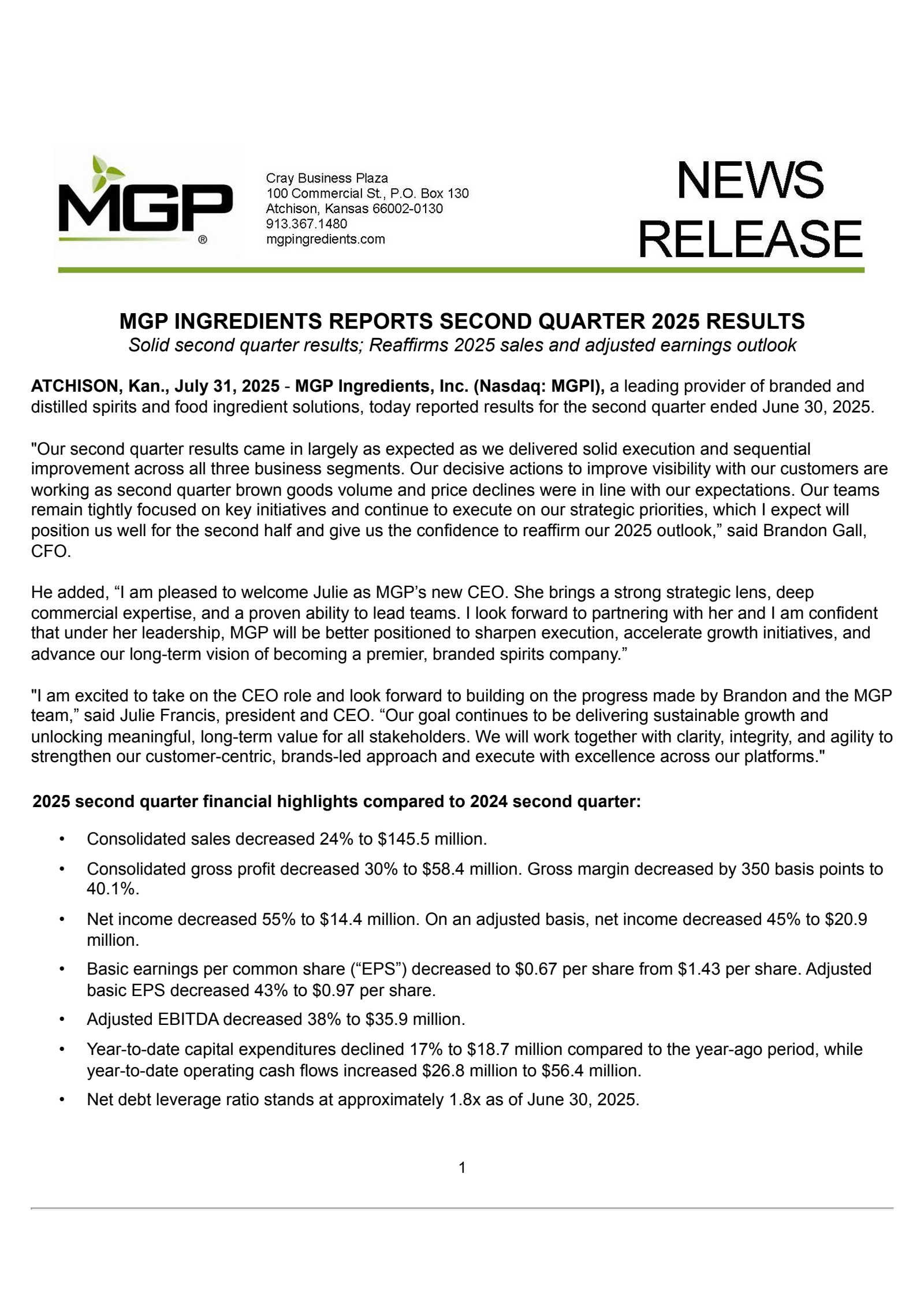 MGP Ingredients' Q2 2025 Press Release