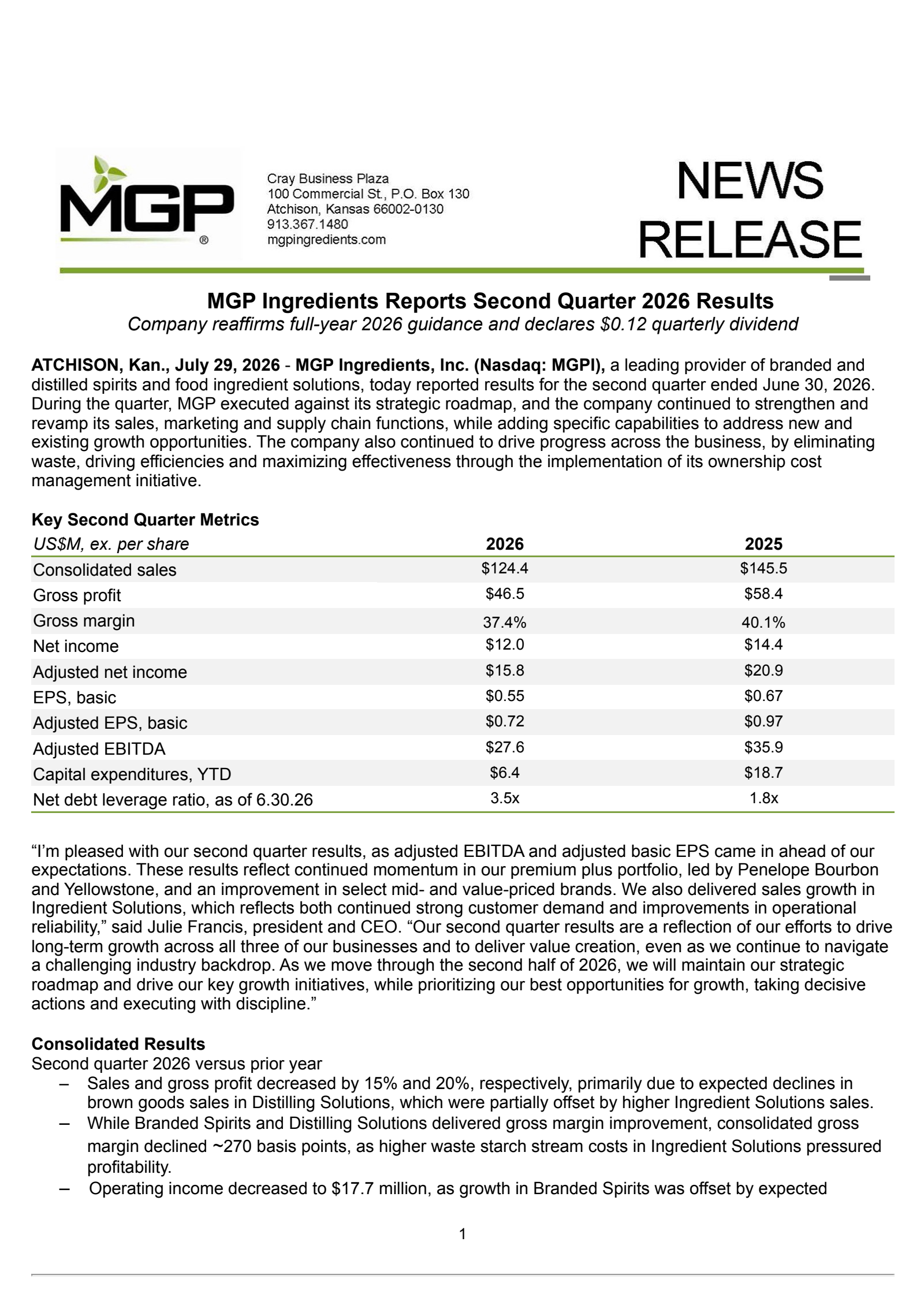 MGP Ingredients' Q2 2026 Press Release