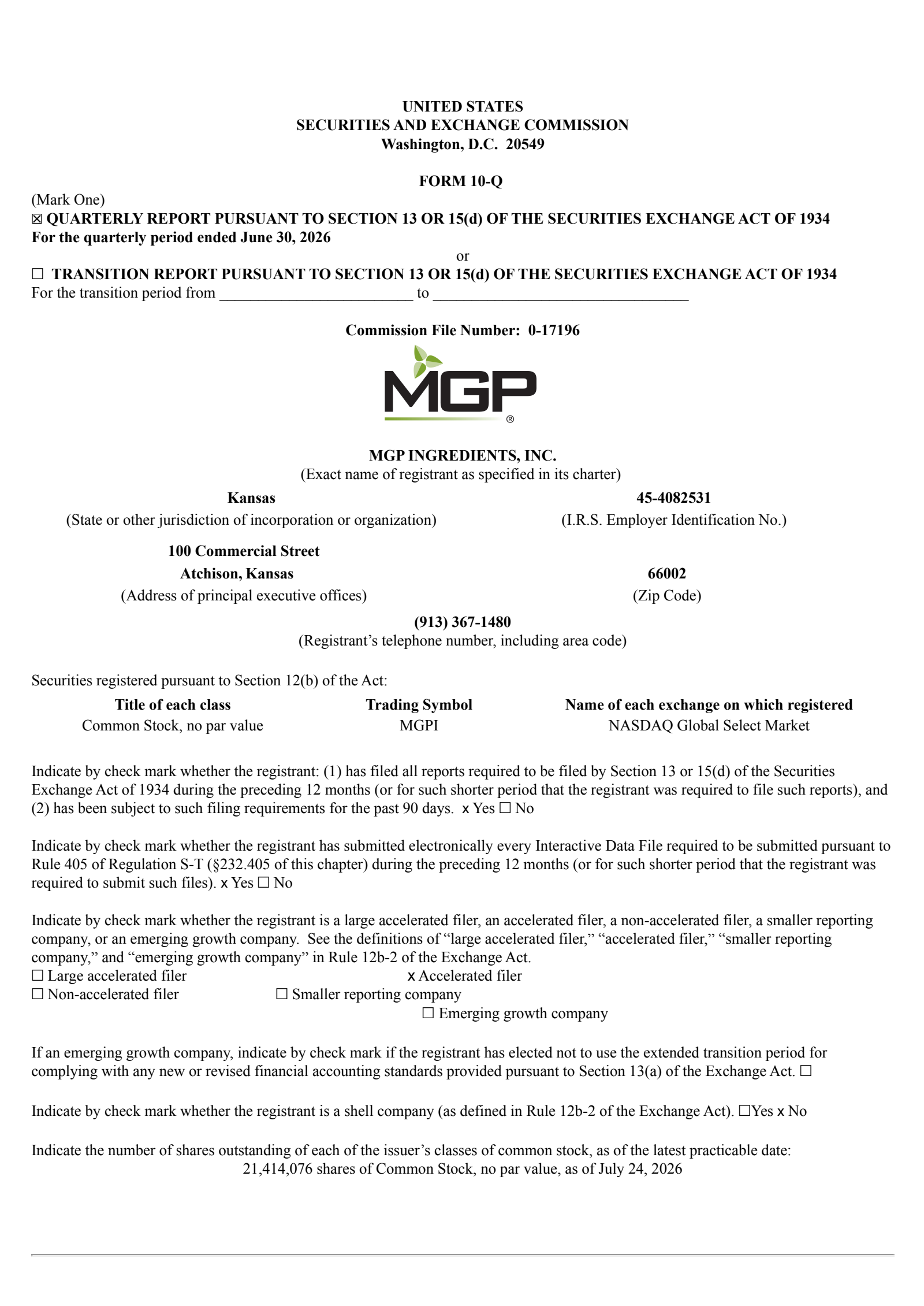 MGP Ingredients' Q2 2026 Quarterly report