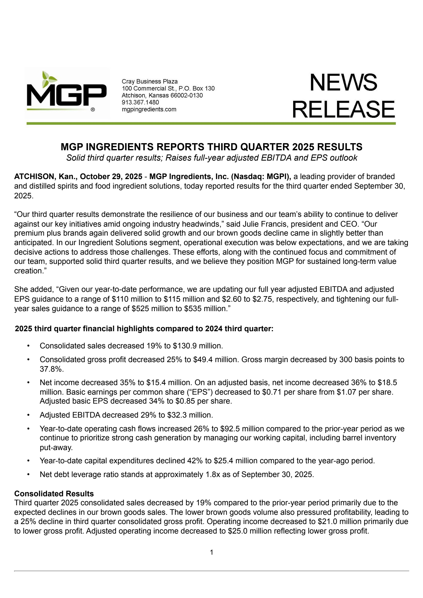 MGP Ingredients' Q3 2025 Earnings Release