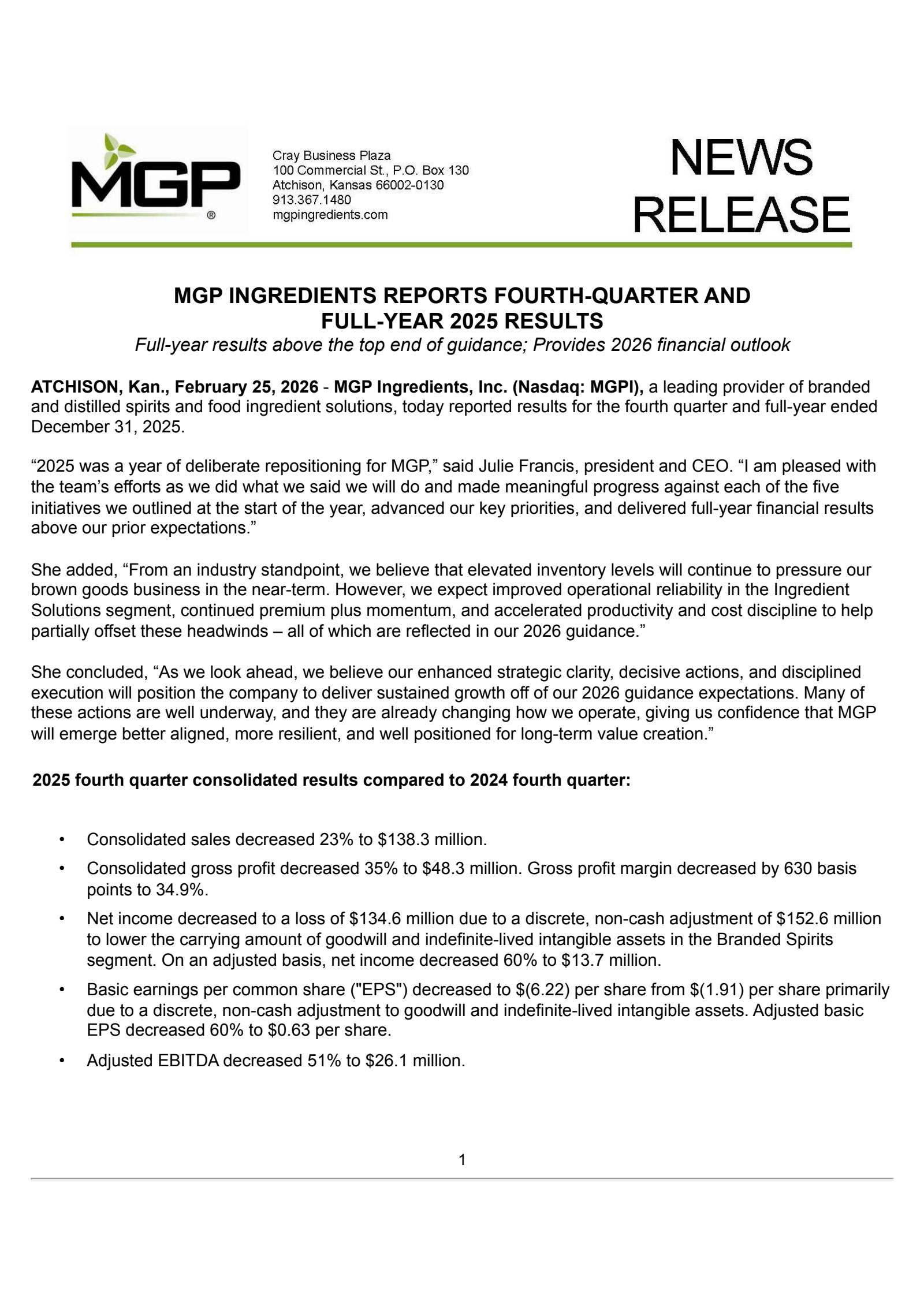 MGP Ingredients' Q4 2025 Press Release