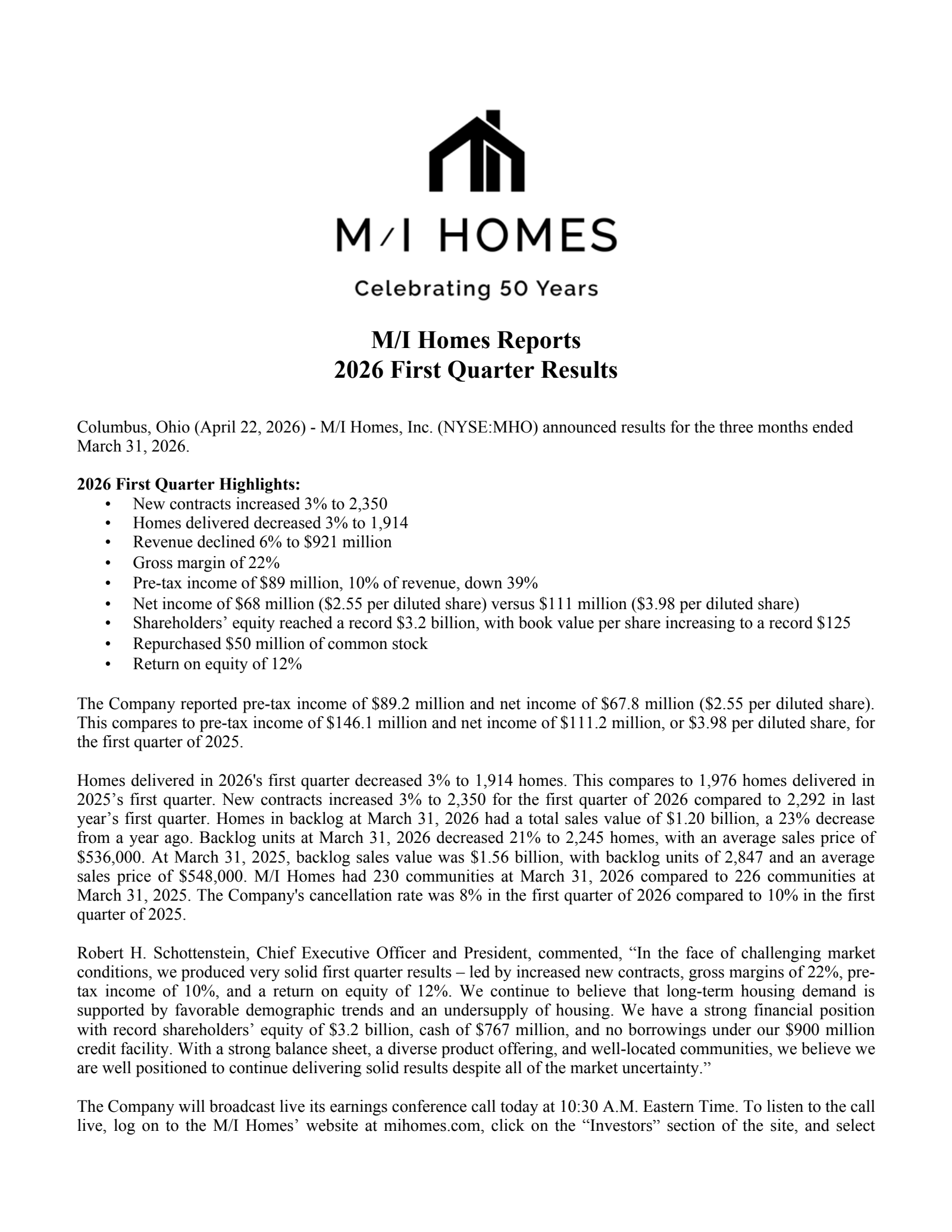 M/I Homes' Q1 2026 Press Release