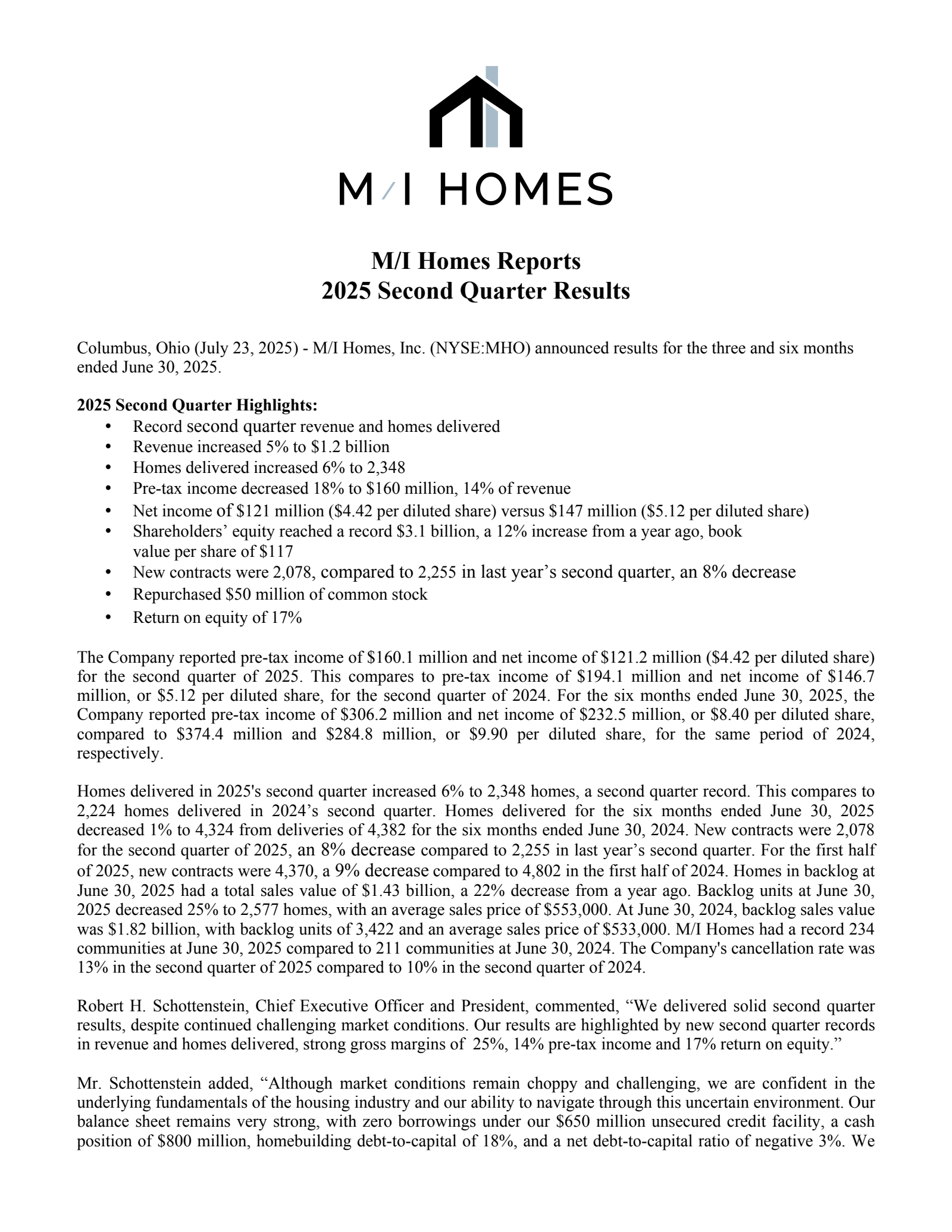 M/I Homes' Q2 2025 Press Release