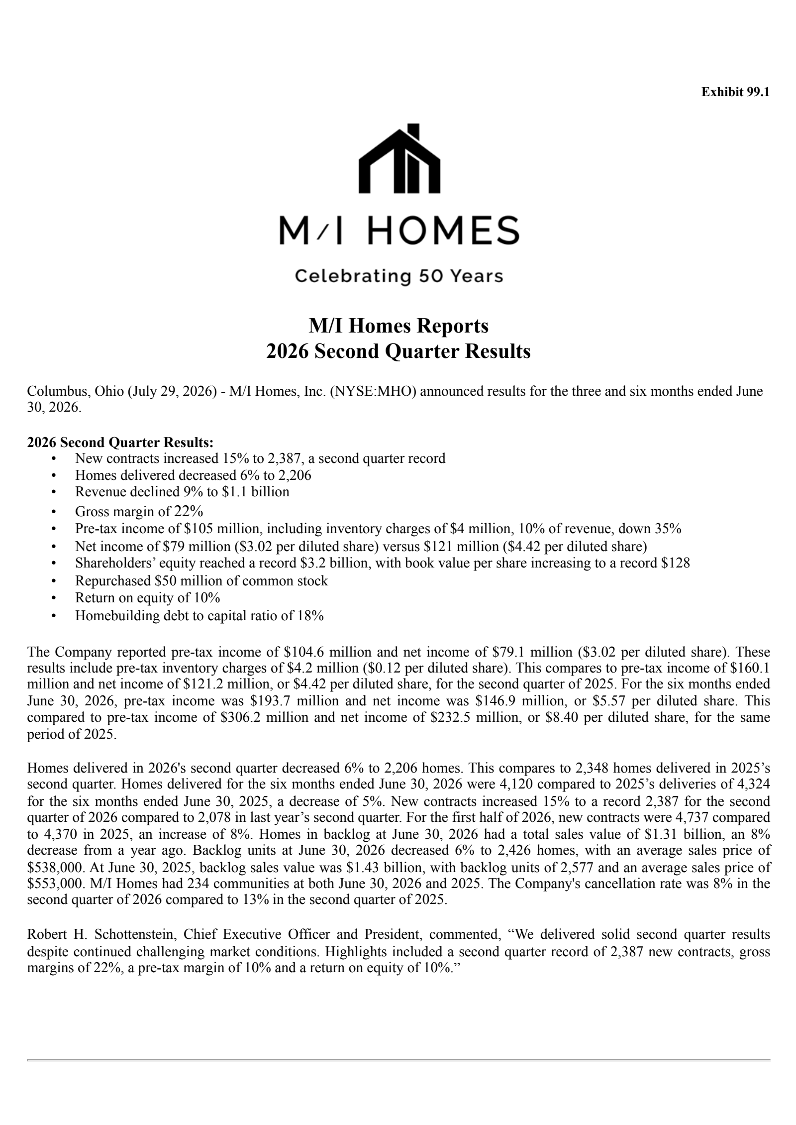 M/I Homes' Q2 2026 Press Release