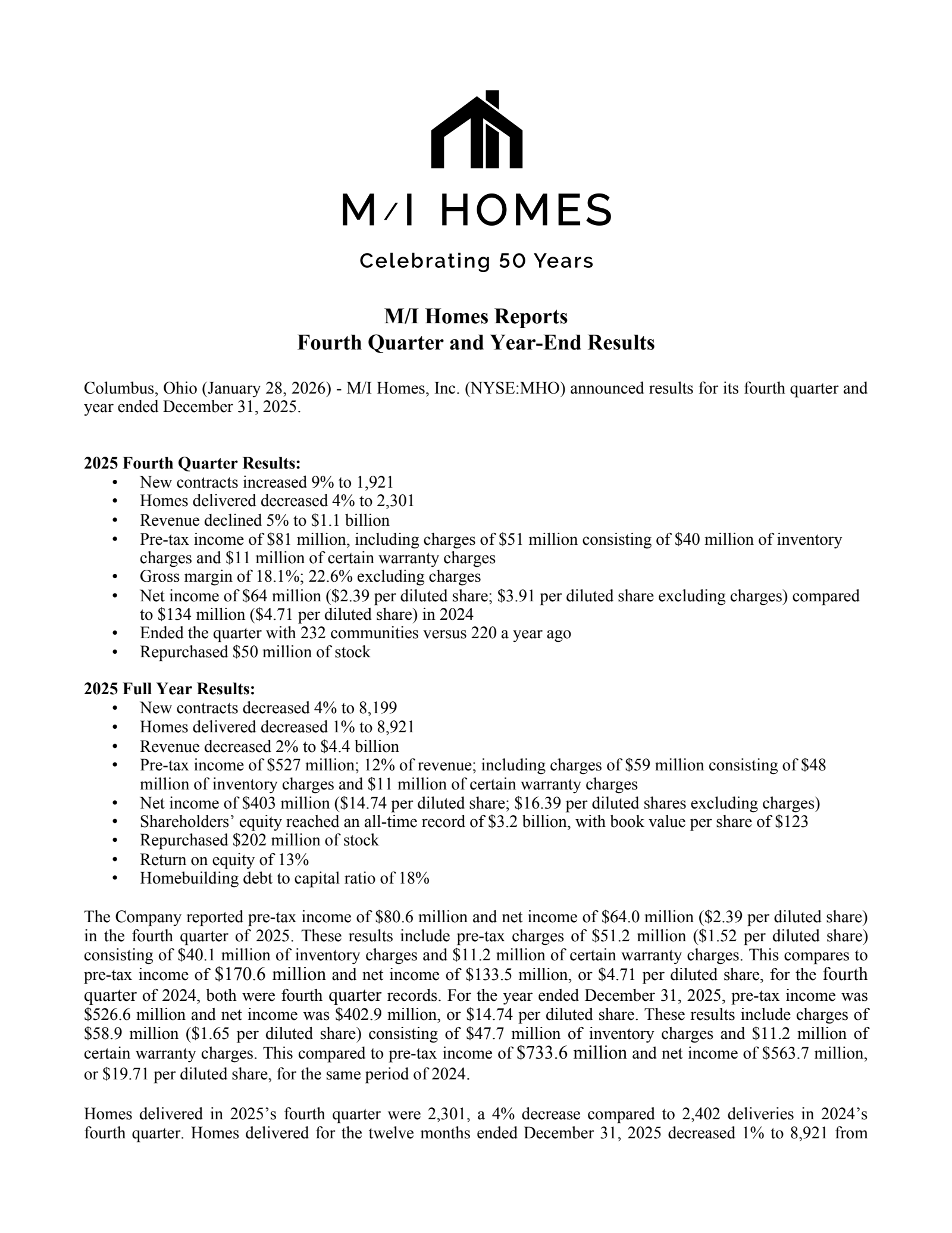 M/I Homes' Q4 2025 Press Release