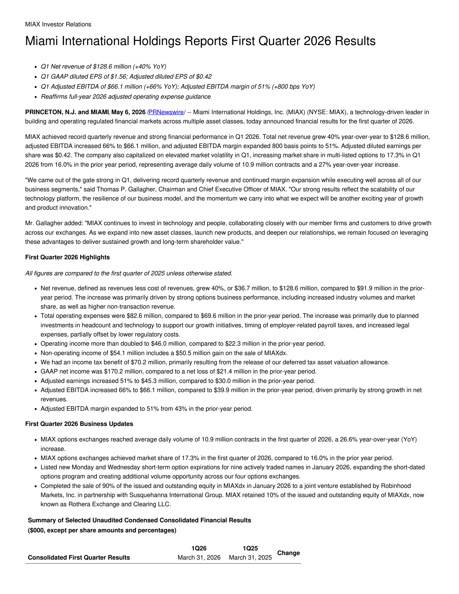 Miami International's Q1 2026 Press Release