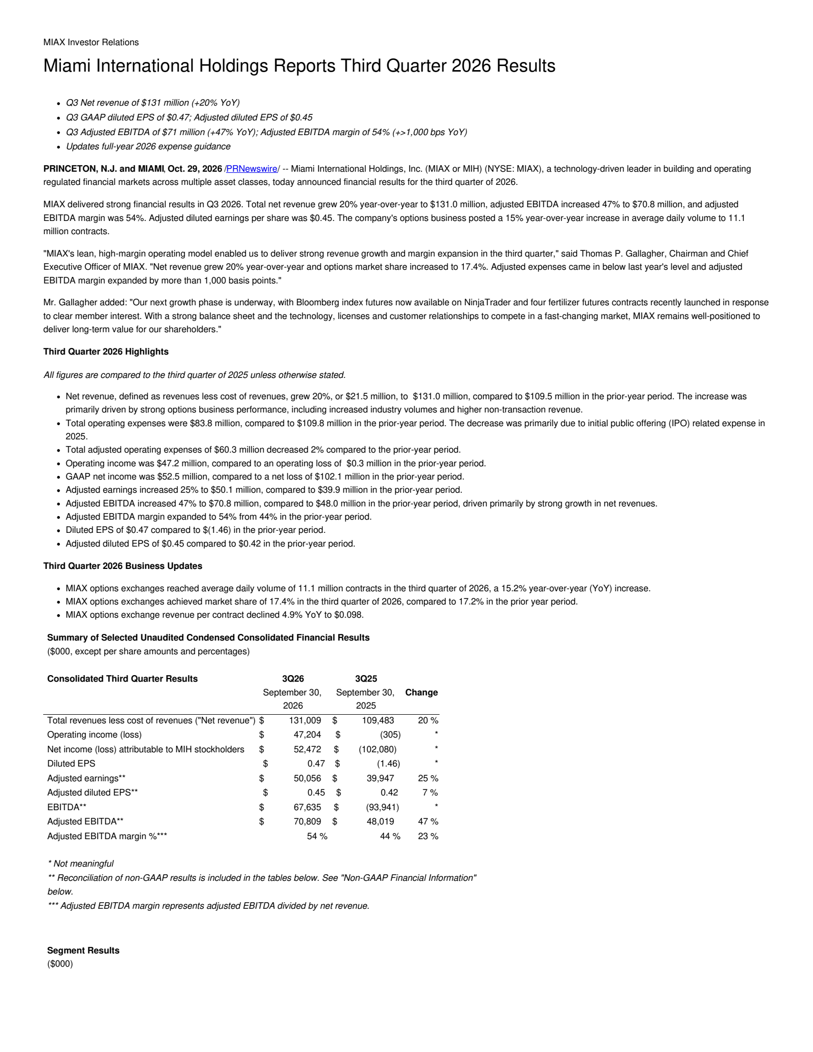 Miami International's Q3 2026 Press Release